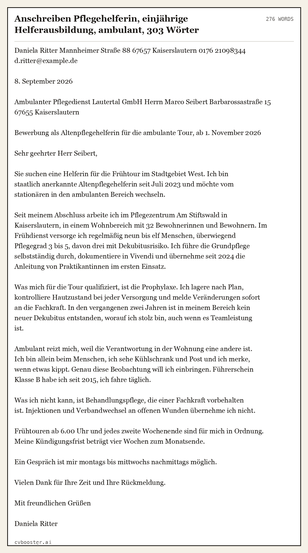 Ausgearbeitetes Beispiel: Anschreiben Pflegehelferin, einjährige Helferausbildung, ambulant, 303 Wörter, 276 Wörter