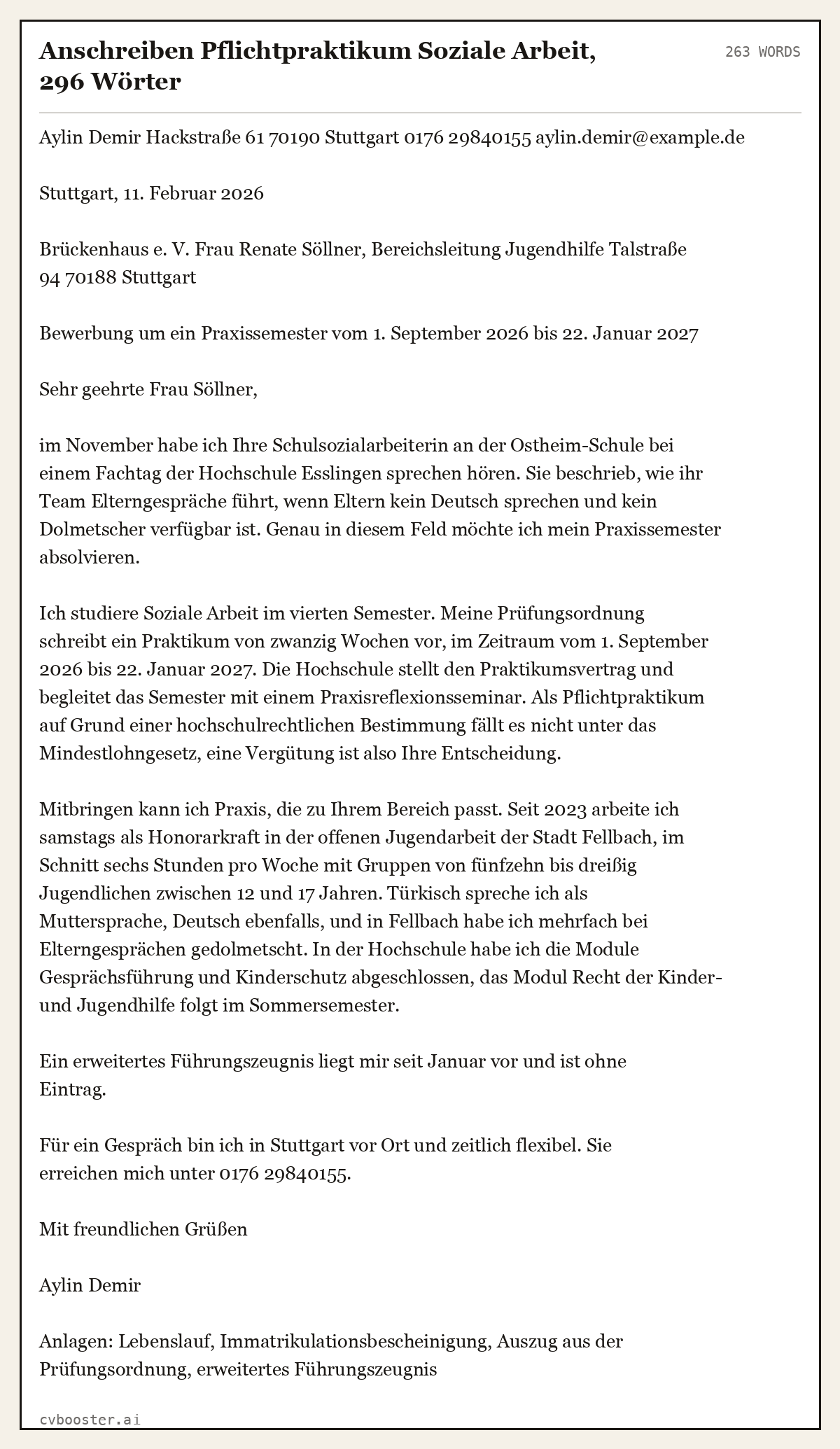 Ausgearbeitetes Beispiel: Anschreiben Pflichtpraktikum Soziale Arbeit, 296 Wörter, 263 Wörter