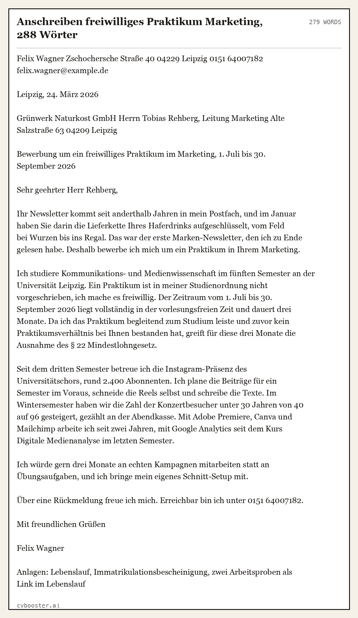 Ausgearbeitetes Beispiel: Anschreiben freiwilliges Praktikum Marketing, 288 Wörter, 279 Wörter