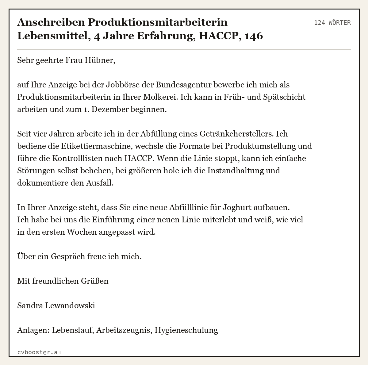 Ausgearbeitetes Beispiel: Anschreiben Produktionsmitarbeiterin Lebensmittel, 4 Jahre Erfahrung, HACCP, 124 Wörter