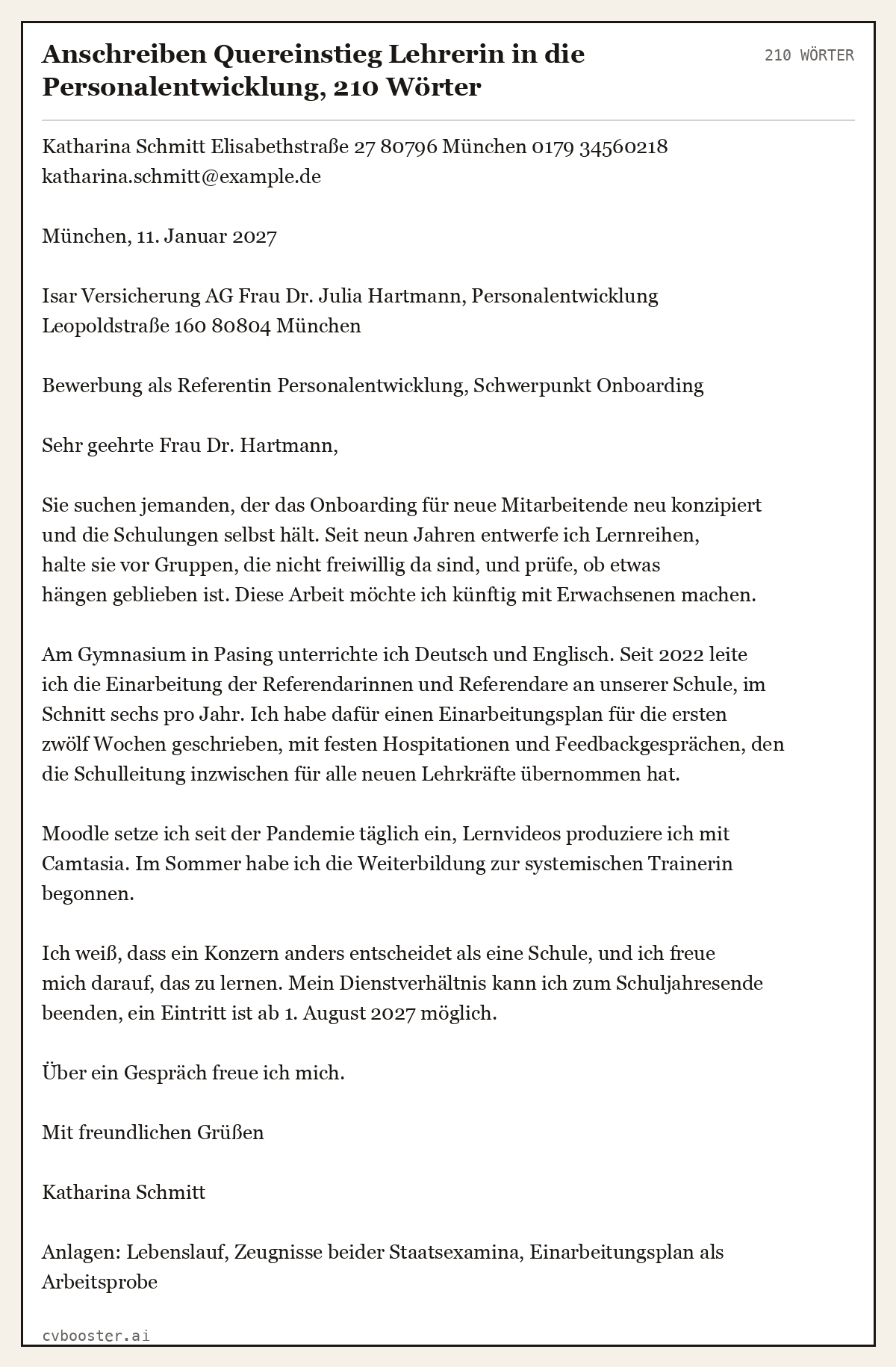 Ausgearbeitetes Beispiel: Anschreiben Quereinstieg Lehrerin in die Personalentwicklung, 210 Wörter