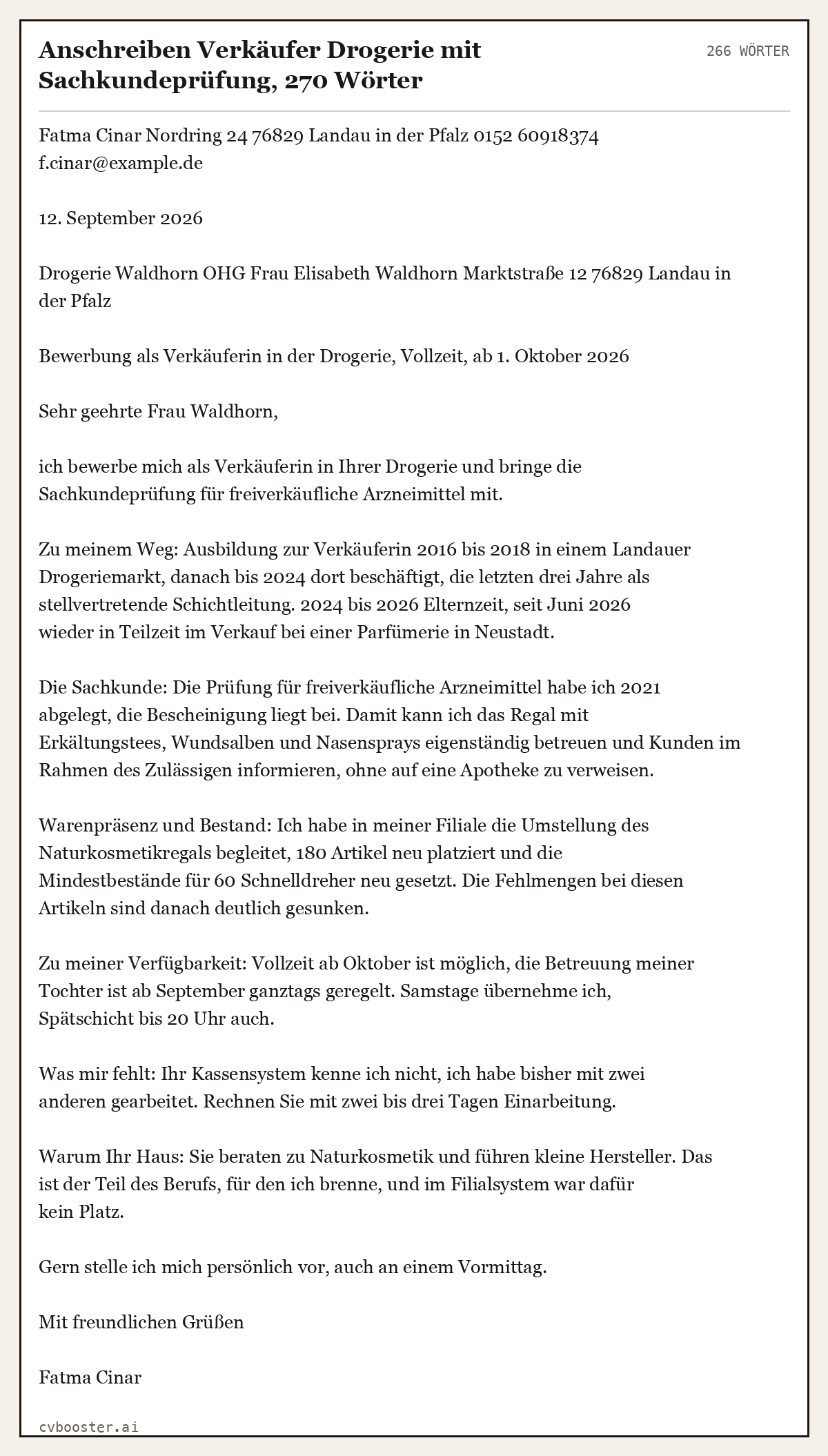 Ausgearbeitetes Beispiel: Anschreiben Verkäufer Drogerie mit Sachkundeprüfung, 270 Wörter, 266 Wörter