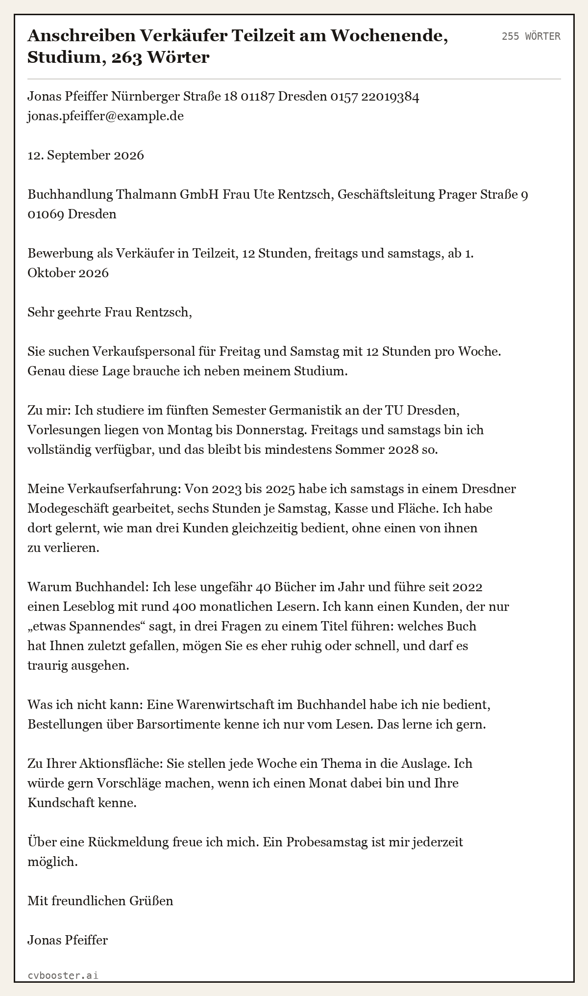 Ausgearbeitetes Beispiel: Anschreiben Verkäufer Teilzeit am Wochenende, Studium, 263 Wörter, 255 Wörter