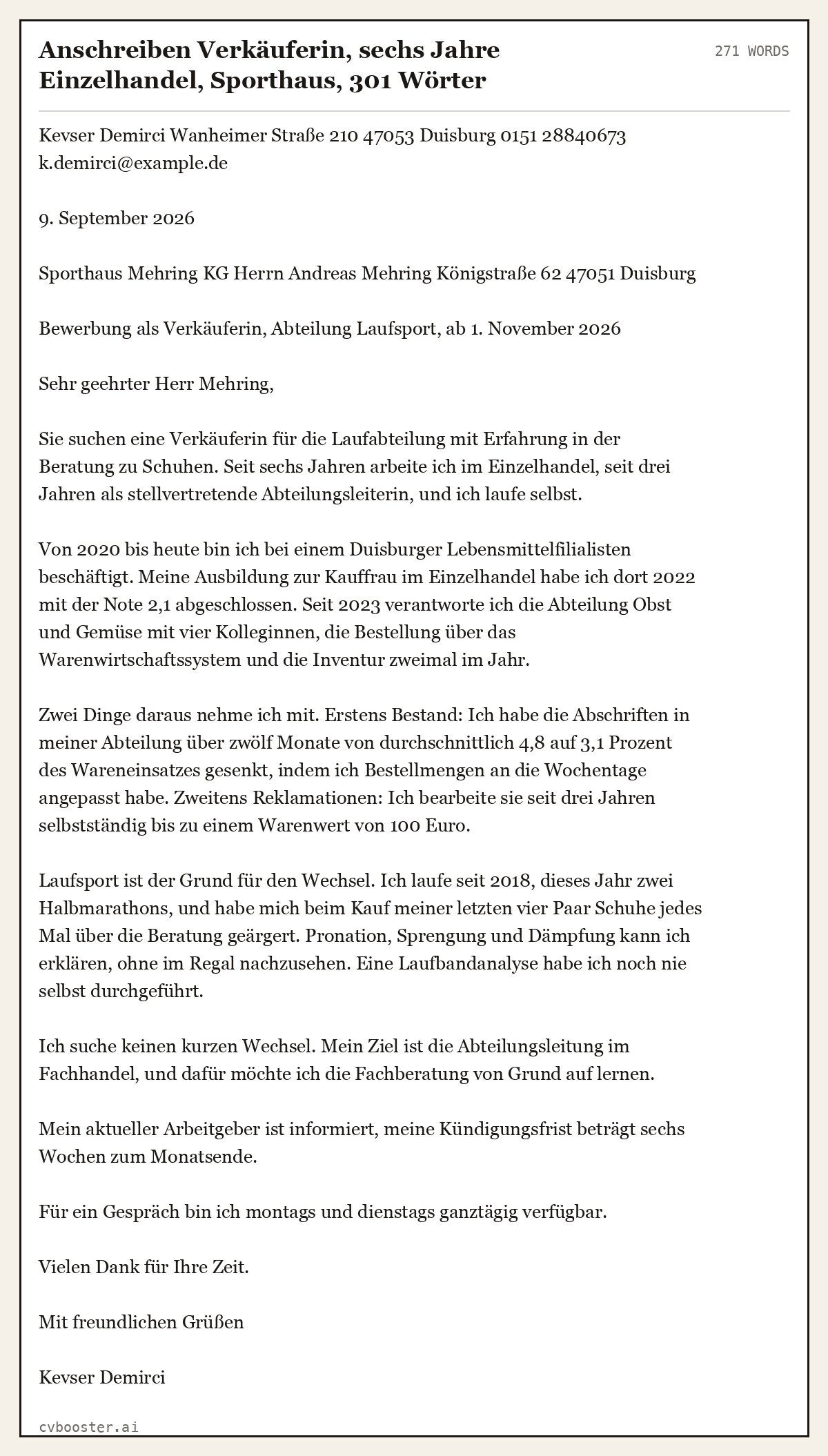 Ausgearbeitetes Beispiel: Anschreiben Verkäuferin, sechs Jahre Einzelhandel, Sporthaus, 301 Wörter, 271 Wörter