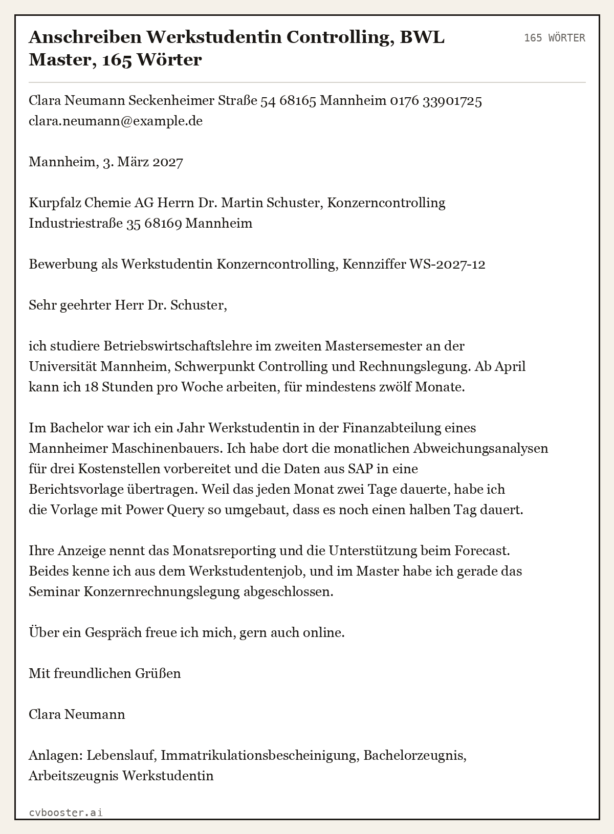 Ausgearbeitetes Beispiel: Anschreiben Werkstudentin Controlling, BWL Master, 165 Wörter