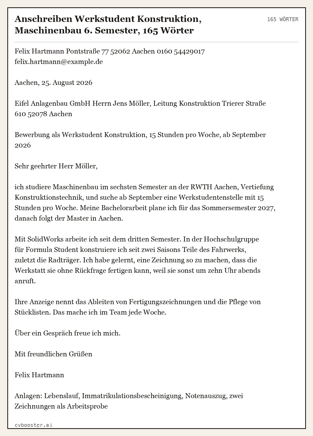 Ausgearbeitetes Beispiel: Anschreiben Werkstudent Konstruktion, Maschinenbau 6. Semester, 165 Wörter