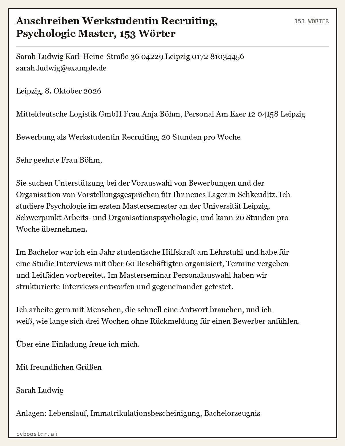 Ausgearbeitetes Beispiel: Anschreiben Werkstudentin Recruiting, Psychologie Master, 153 Wörter
