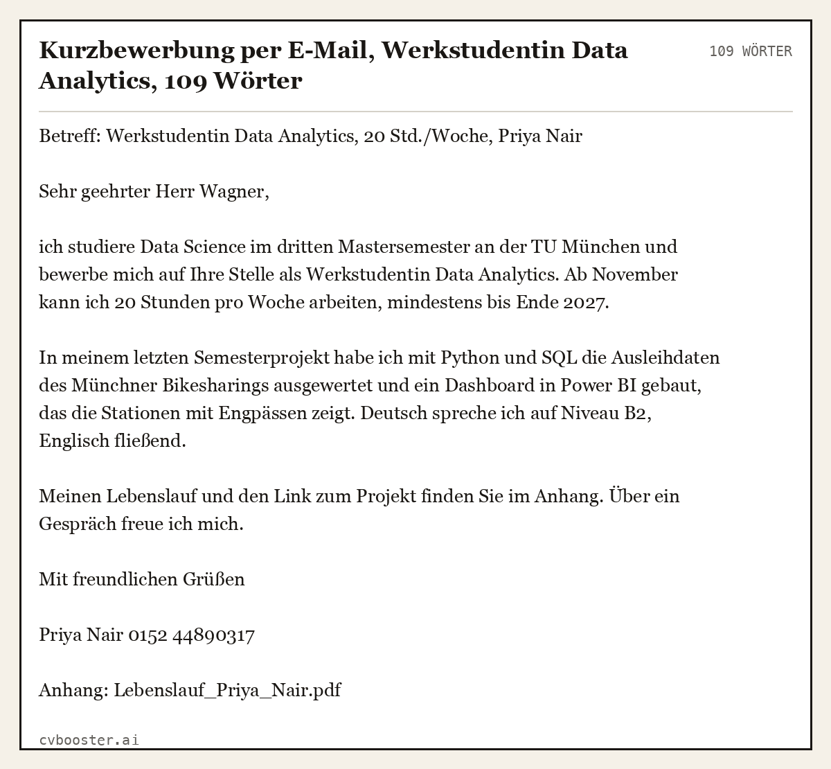Ausgearbeitetes Beispiel: Kurzbewerbung per E-Mail, Werkstudentin Data Analytics, 109 Wörter