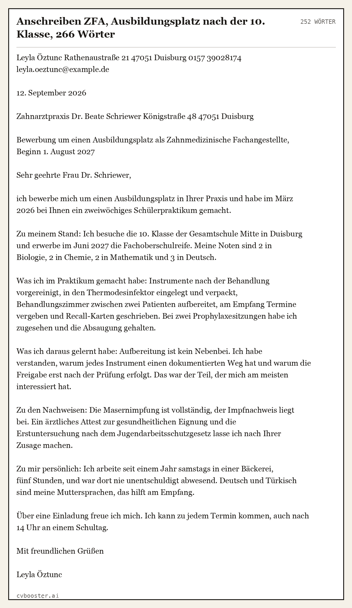 Ausgearbeitetes Beispiel: Anschreiben ZFA, Ausbildungsplatz nach der 10. Klasse, 266 Wörter, 252 Wörter