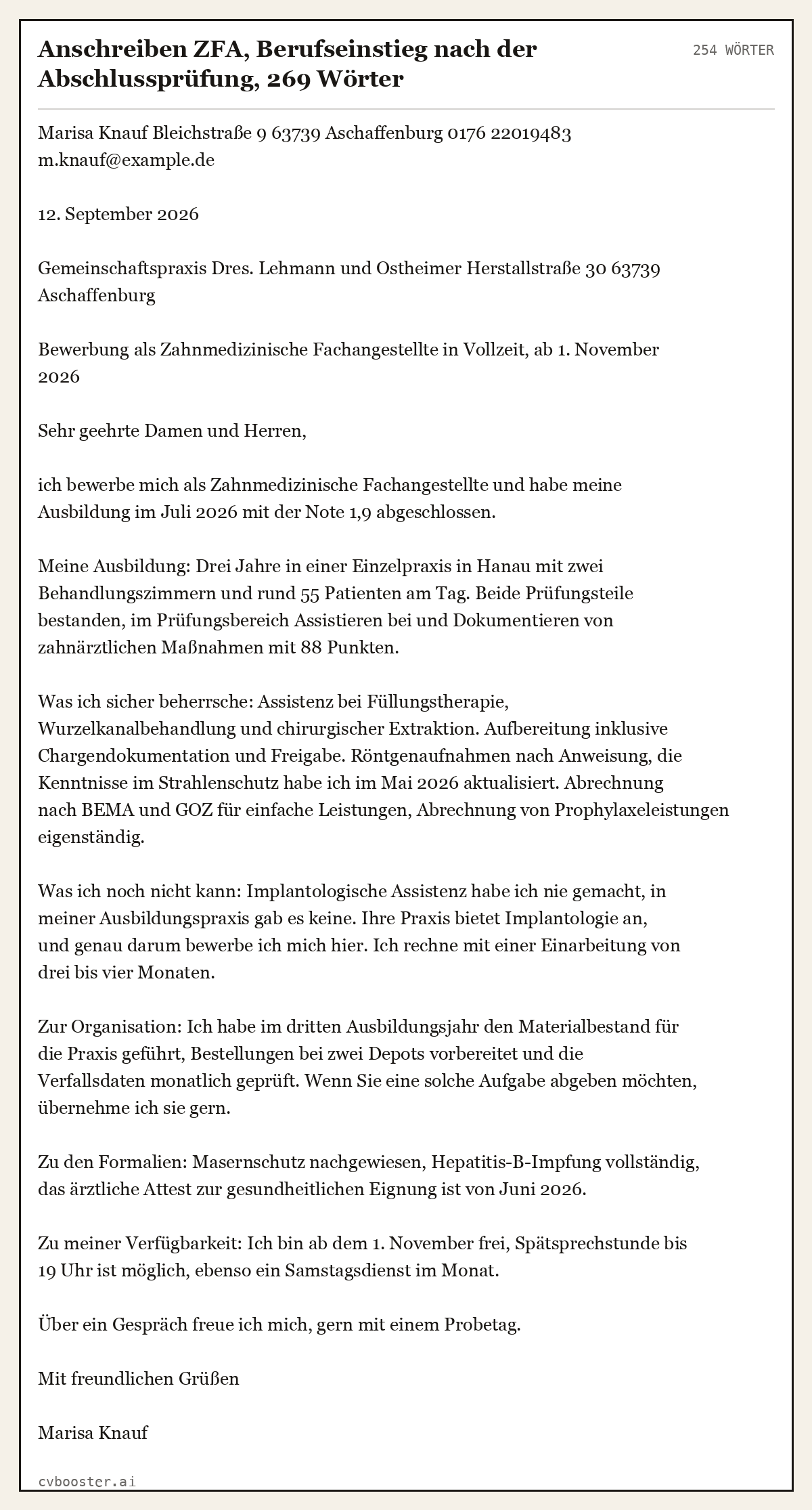 Ausgearbeitetes Beispiel: Anschreiben ZFA, Berufseinstieg nach der Abschlussprüfung, 269 Wörter, 254 Wörter