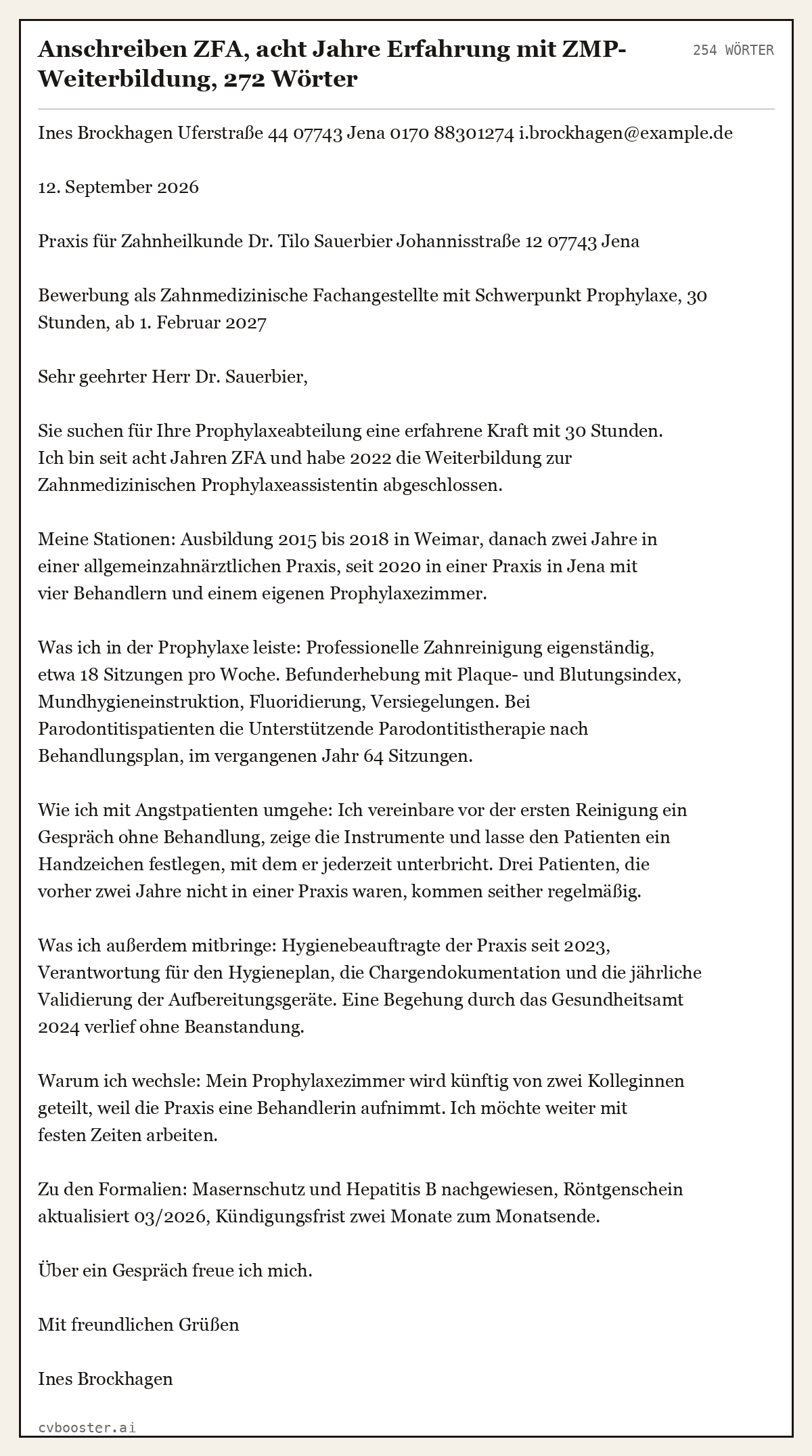 Ausgearbeitetes Beispiel: Anschreiben ZFA, acht Jahre Erfahrung mit ZMP-Weiterbildung, 272 Wörter, 254 Wörter