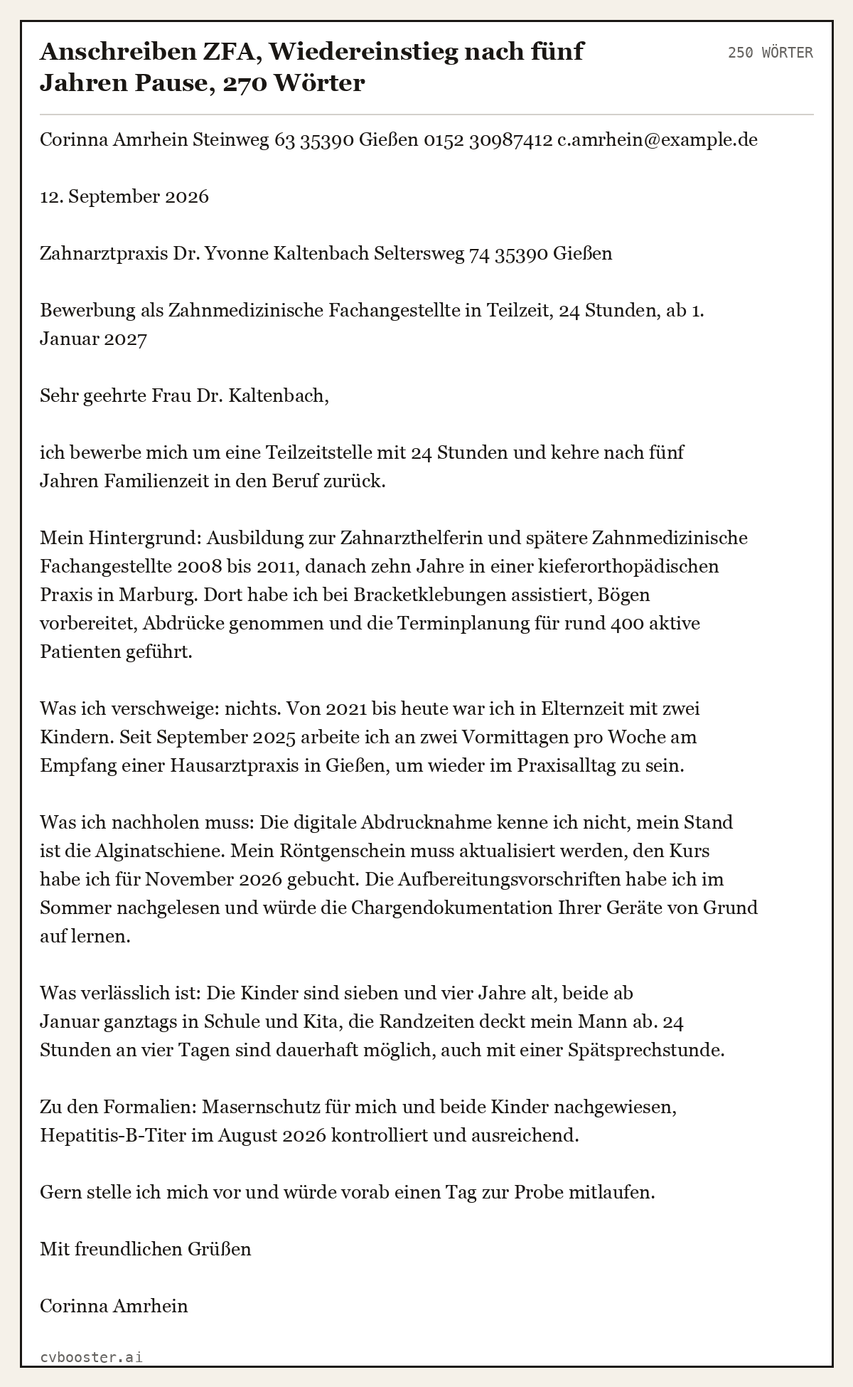 Ausgearbeitetes Beispiel: Anschreiben ZFA, Wiedereinstieg nach fünf Jahren Pause, 270 Wörter, 250 Wörter