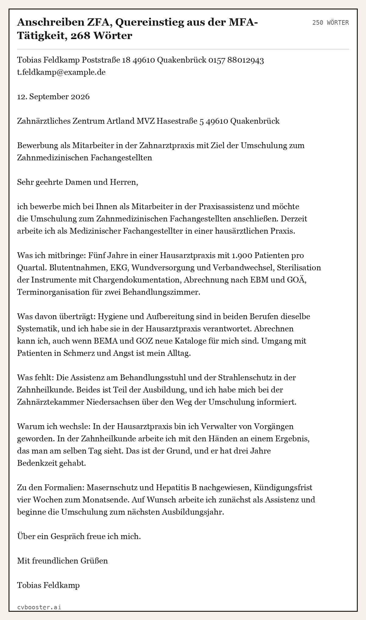Ausgearbeitetes Beispiel: Anschreiben ZFA, Quereinstieg aus der MFA-Tätigkeit, 268 Wörter, 250 Wörter
