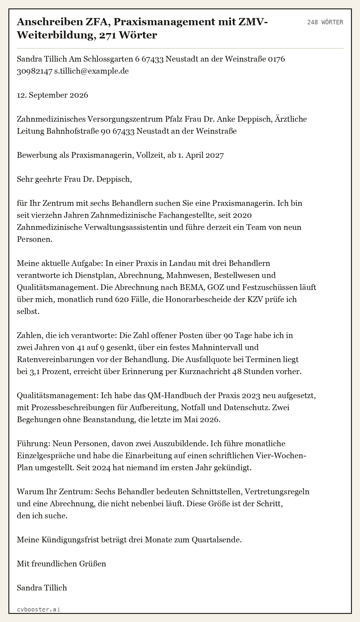 Ausgearbeitetes Beispiel: Anschreiben ZFA, Praxismanagement mit ZMV-Weiterbildung, 271 Wörter, 248 Wörter