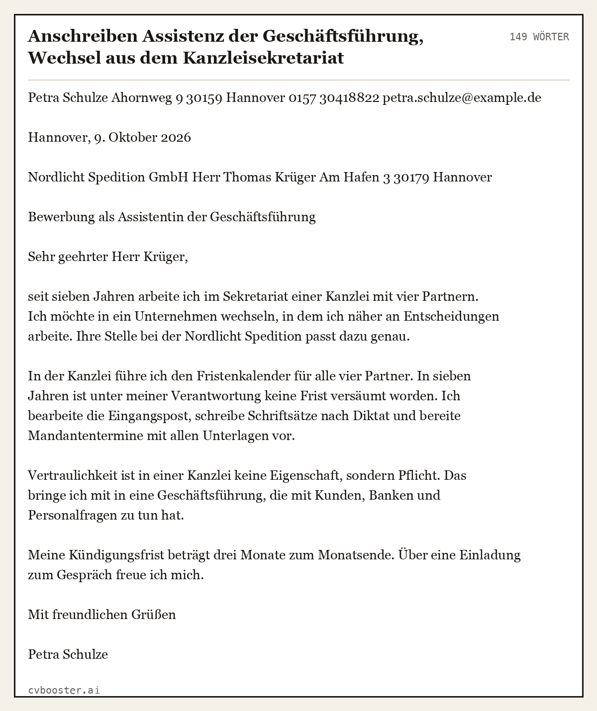 Ausgearbeitetes Beispiel: Anschreiben Assistenz der Geschäftsführung, Wechsel aus dem Kanzleisekretariat, 149 Wörter
