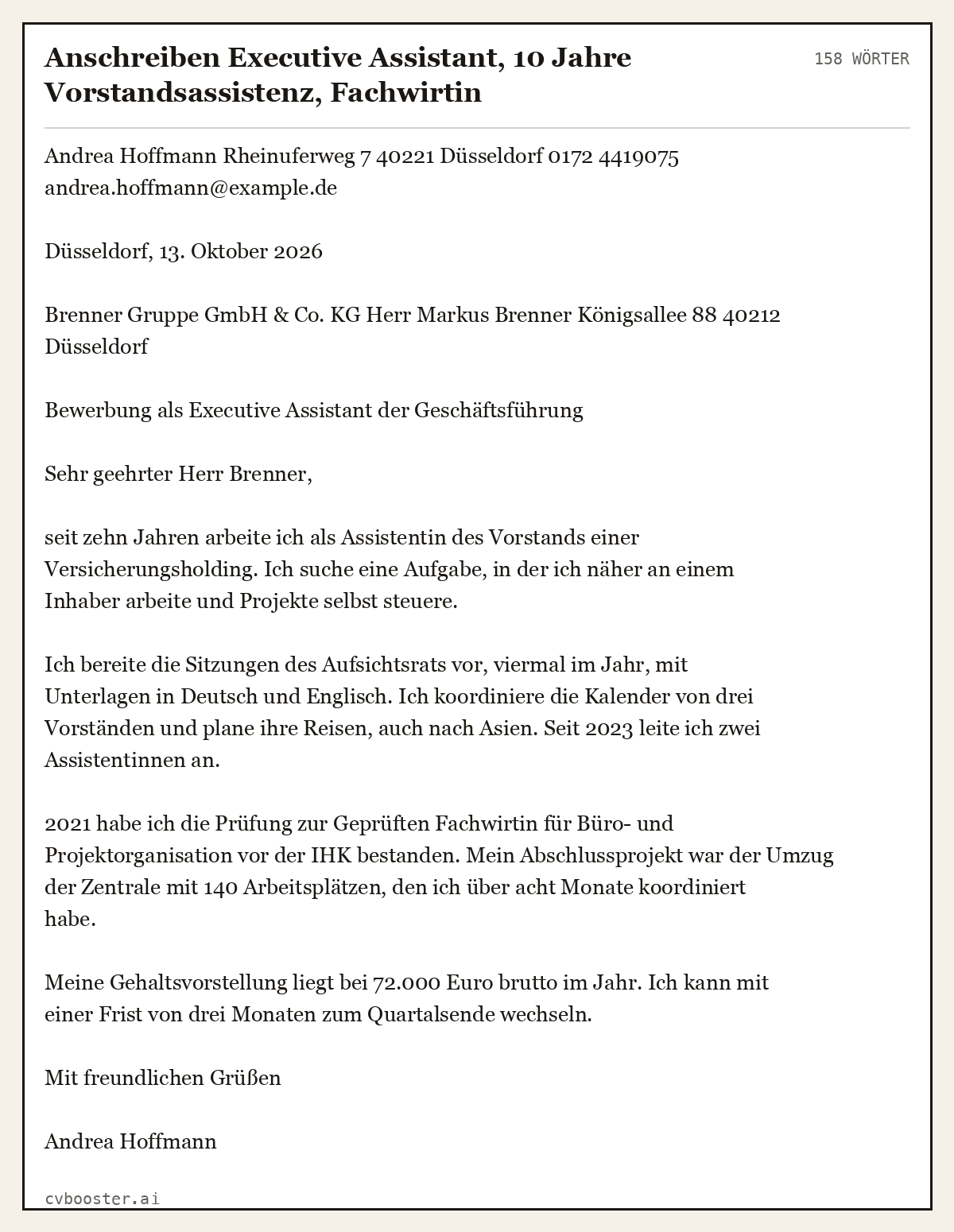Ausgearbeitetes Beispiel: Anschreiben Executive Assistant, 10 Jahre Vorstandsassistenz, Fachwirtin, 158 Wörter