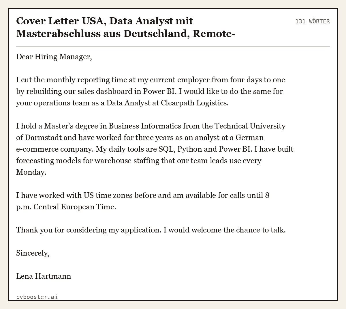 Ausgearbeitetes Beispiel: Cover Letter USA, Data Analyst mit Masterabschluss aus Deutschland, Remote-Stelle, 131 Wörter