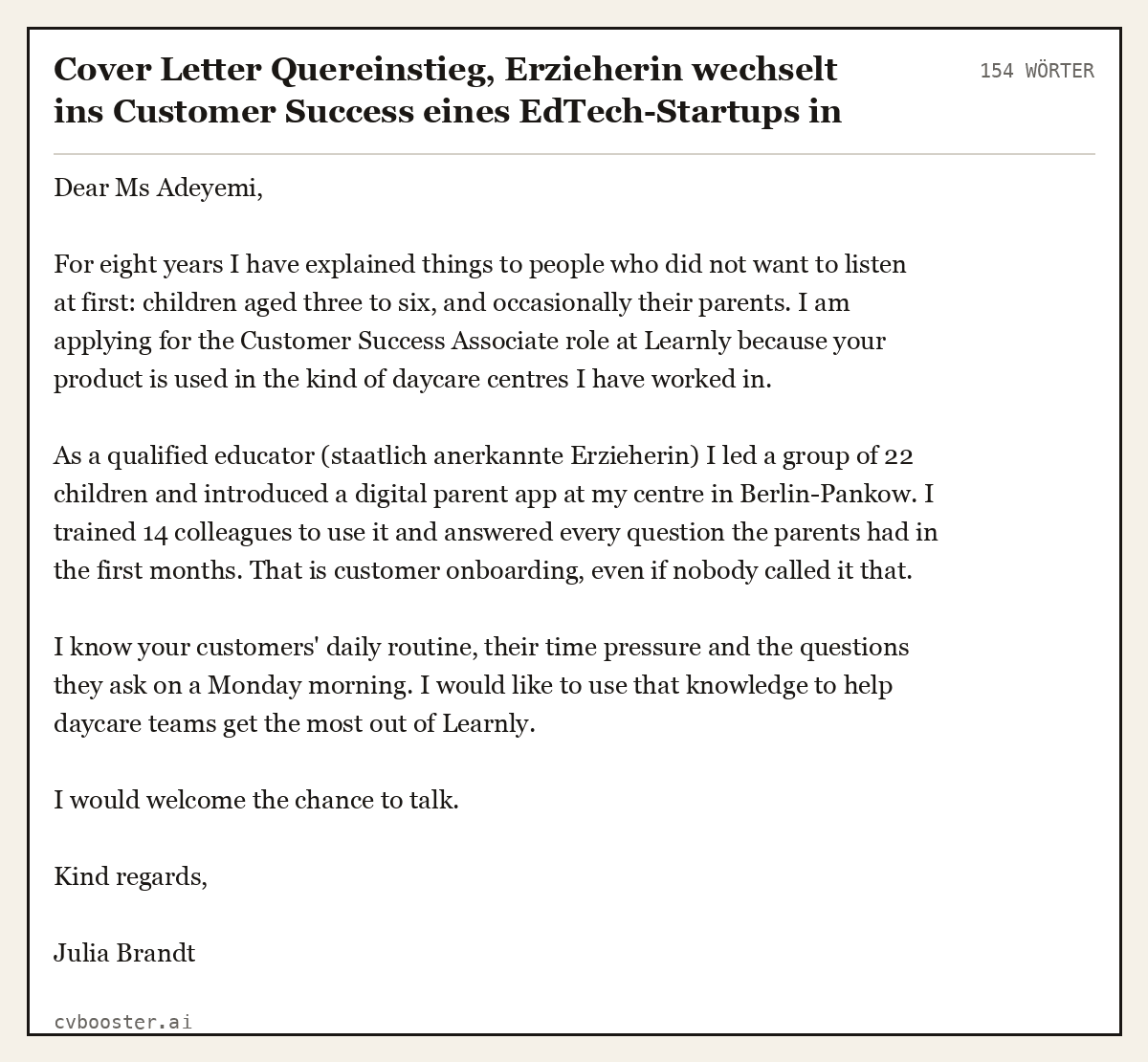 Ausgearbeitetes Beispiel: Cover Letter Quereinstieg, Erzieherin wechselt ins Customer Success eines EdTech-Startups in Berlin, 154 Wörter