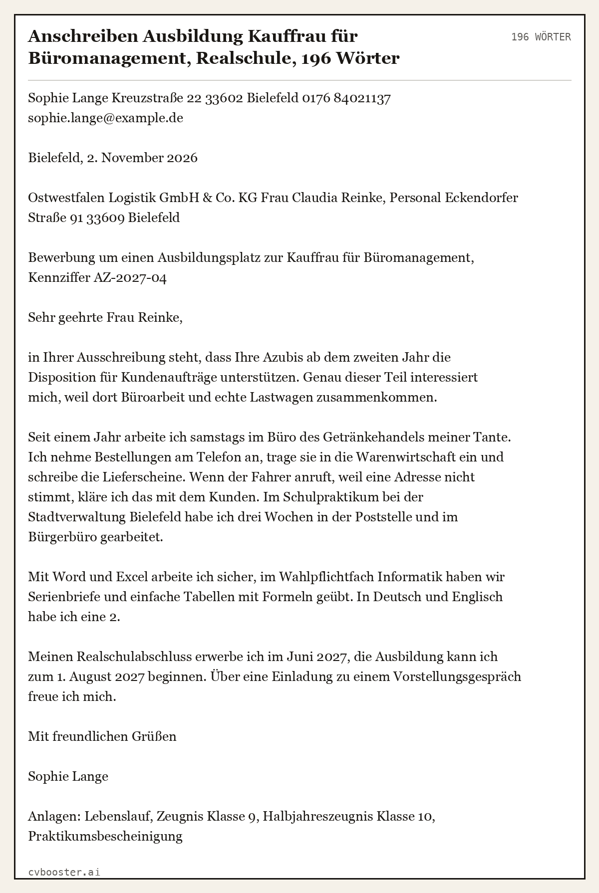 Ausgearbeitetes Beispiel: Anschreiben Ausbildung Kauffrau für Büromanagement, Realschule, 196 Wörter