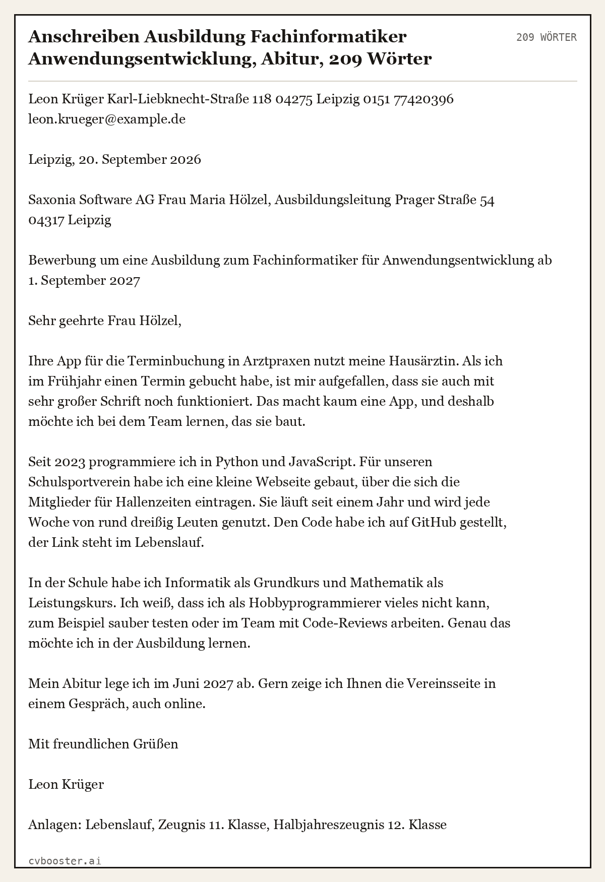 Ausgearbeitetes Beispiel: Anschreiben Ausbildung Fachinformatiker Anwendungsentwicklung, Abitur, 209 Wörter