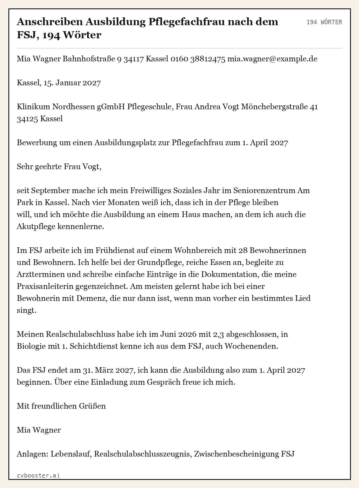 Ausgearbeitetes Beispiel: Anschreiben Ausbildung Pflegefachfrau nach dem FSJ, 194 Wörter