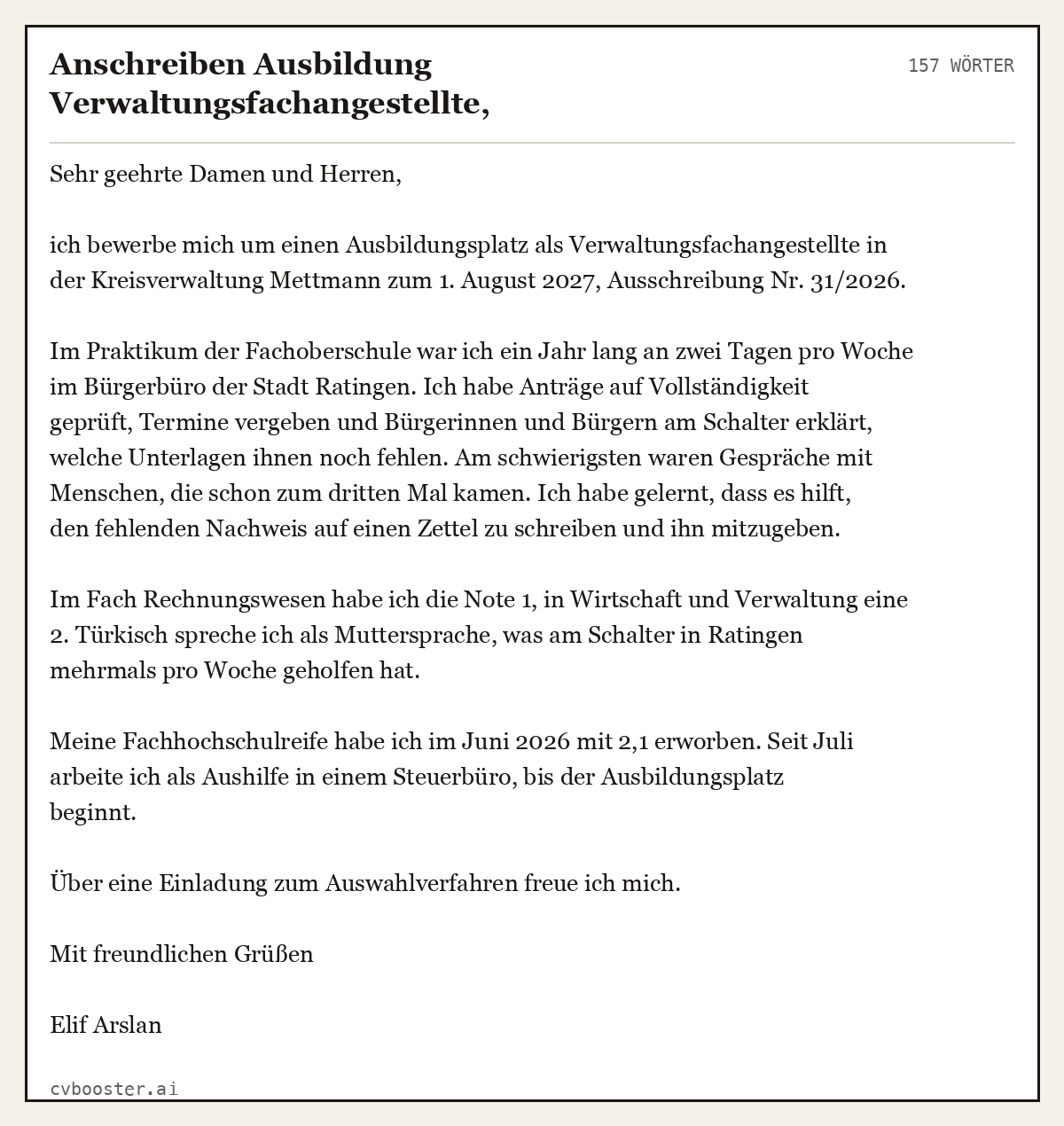 Ausgearbeitetes Beispiel: Anschreiben Ausbildung Verwaltungsfachangestellte, Fachhochschulreife, 157 Wörter