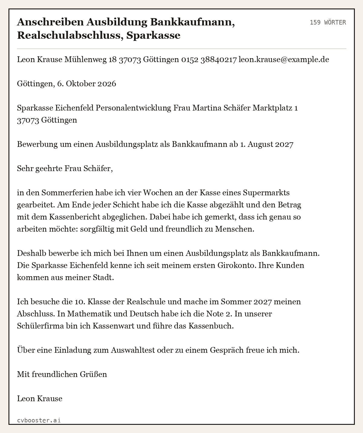 Ausgearbeitetes Beispiel: Anschreiben Ausbildung Bankkaufmann, Realschulabschluss, Sparkasse, 159 Wörter