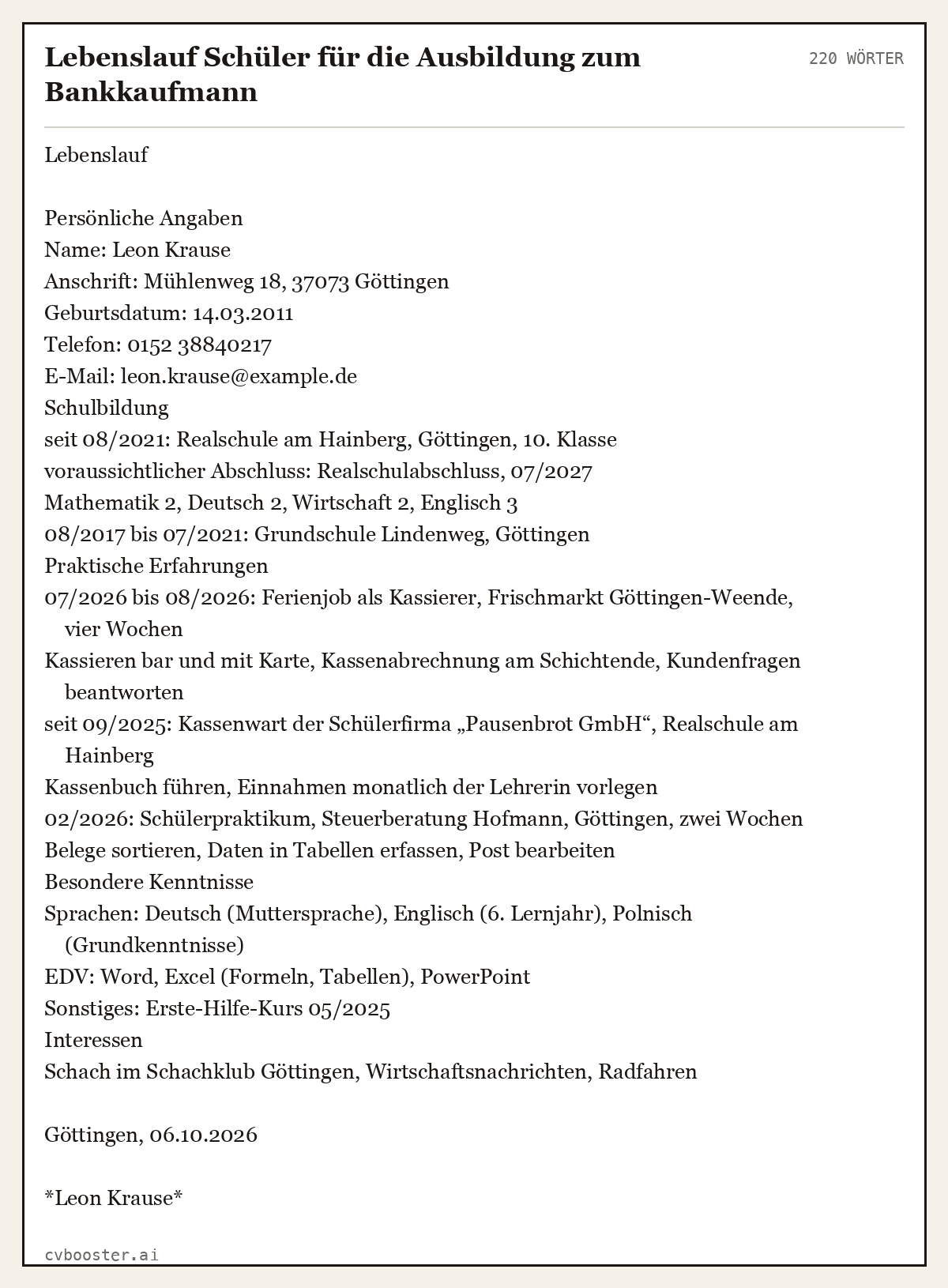 Ausgearbeitetes Beispiel: Lebenslauf Schüler für die Ausbildung zum Bankkaufmann, 220 Wörter