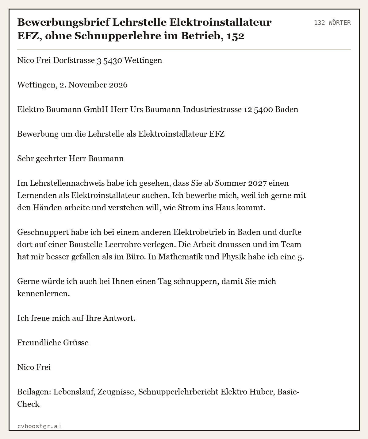 Ausgearbeitetes Beispiel: Bewerbungsbrief Lehrstelle Elektroinstallateur EFZ, ohne Schnupperlehre im Betrieb, 132 Wörter