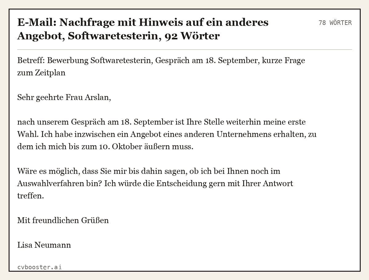 Ausgearbeitetes Beispiel: E-Mail: Nachfrage mit Hinweis auf ein anderes Angebot, Softwaretesterin, 78 Wörter