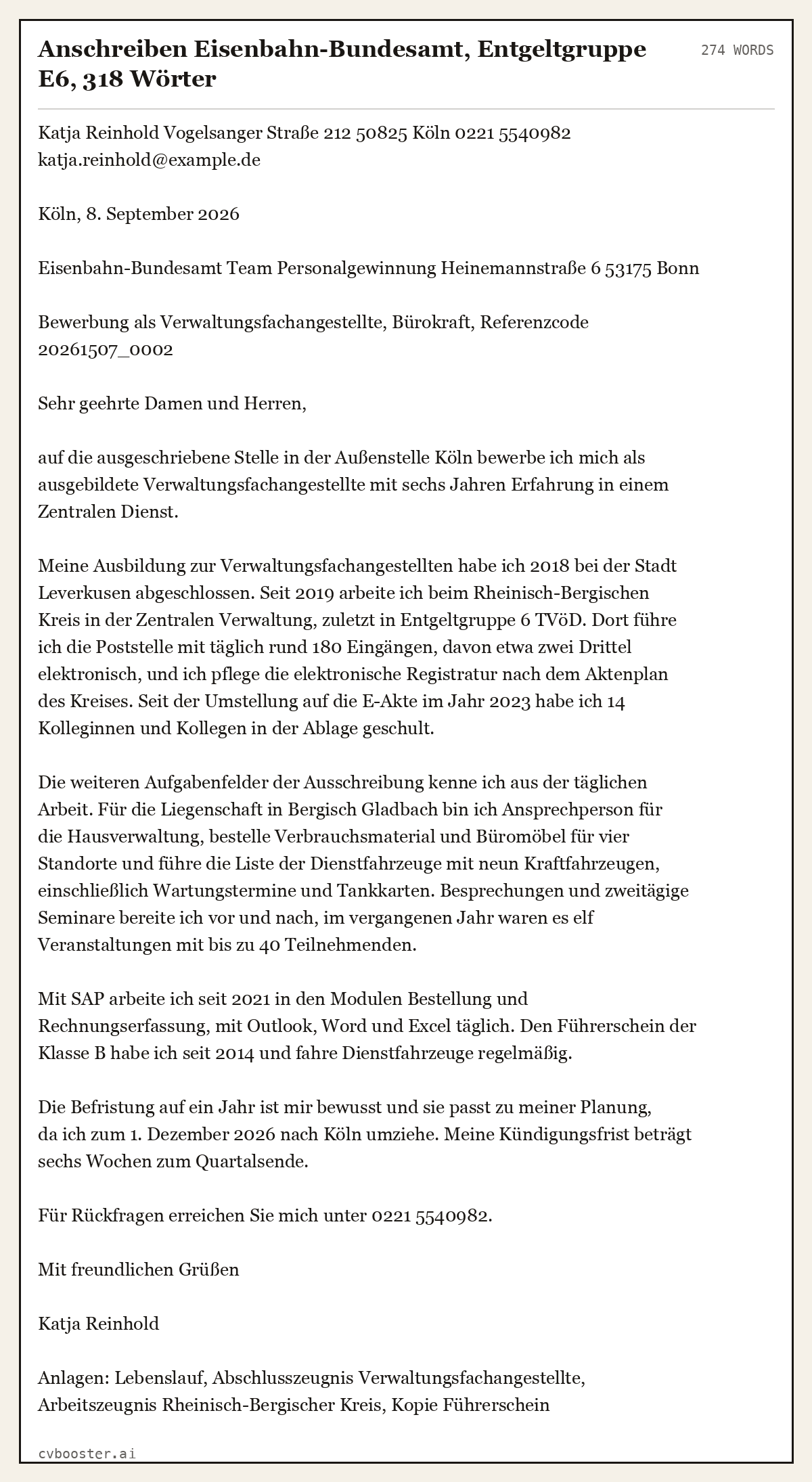 Ausgearbeitetes Beispiel: Anschreiben Eisenbahn-Bundesamt, Entgeltgruppe E6, 318 Wörter, 274 Wörter