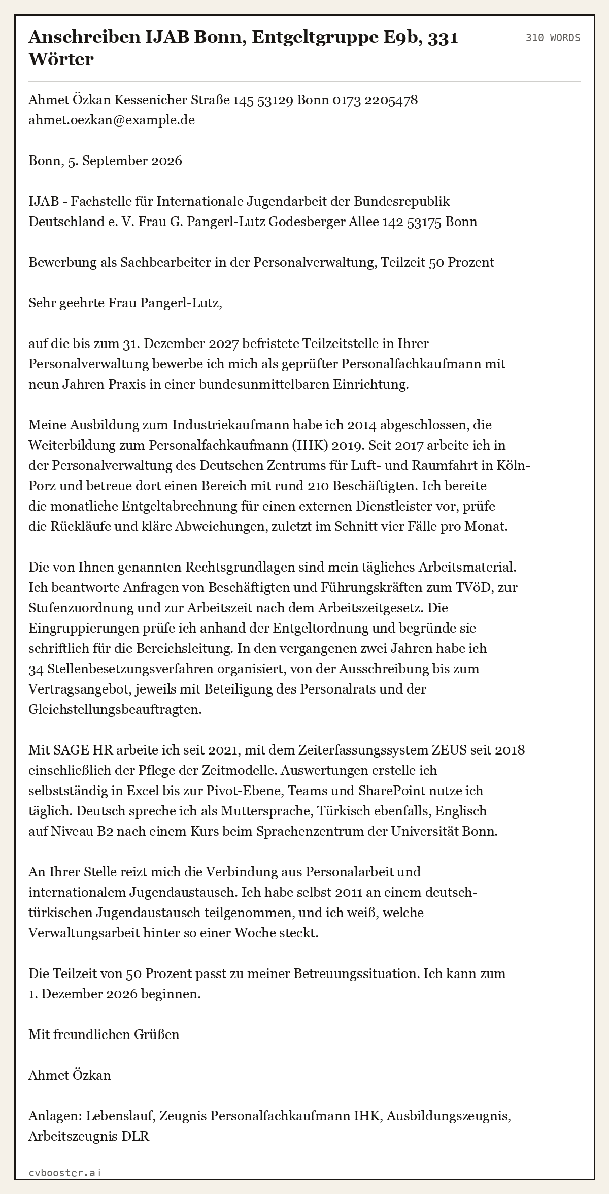Ausgearbeitetes Beispiel: Anschreiben IJAB Bonn, Entgeltgruppe E9b, 331 Wörter, 310 Wörter