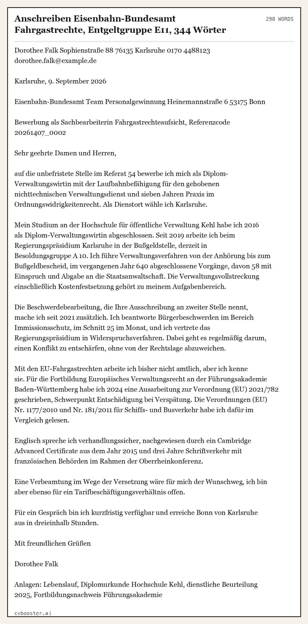 Ausgearbeitetes Beispiel: Anschreiben Eisenbahn-Bundesamt Fahrgastrechte, Entgeltgruppe E11, 344 Wörter, 298 Wörter
