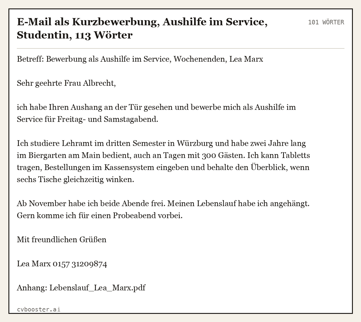 Ausgearbeitetes Beispiel: E-Mail als Kurzbewerbung, Aushilfe im Service, Studentin, 101 Wörter