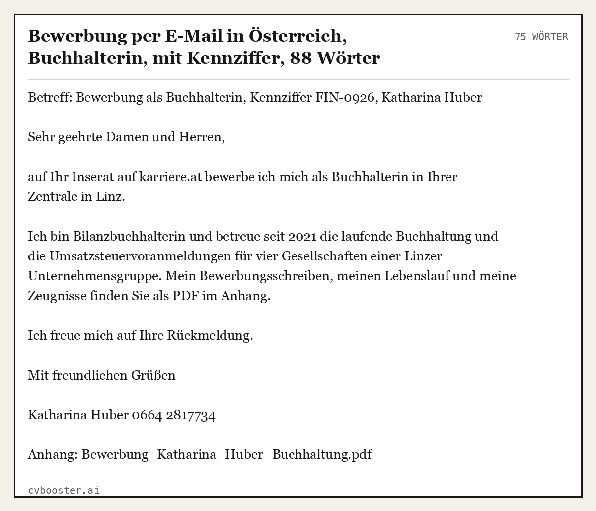 Ausgearbeitetes Beispiel: Bewerbung per E-Mail in Österreich, Buchhalterin, mit Kennziffer, 75 Wörter