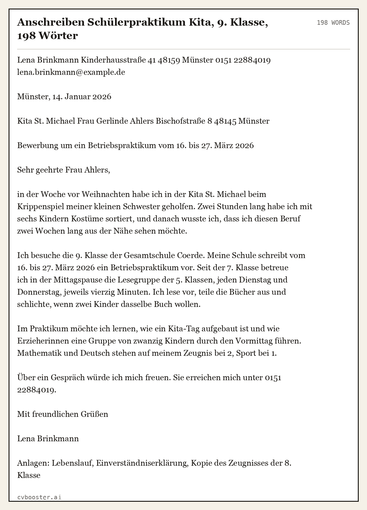 Ausgearbeitetes Beispiel: Anschreiben Schülerpraktikum Kita, 9. Klasse, 198 Wörter, 198 Wörter