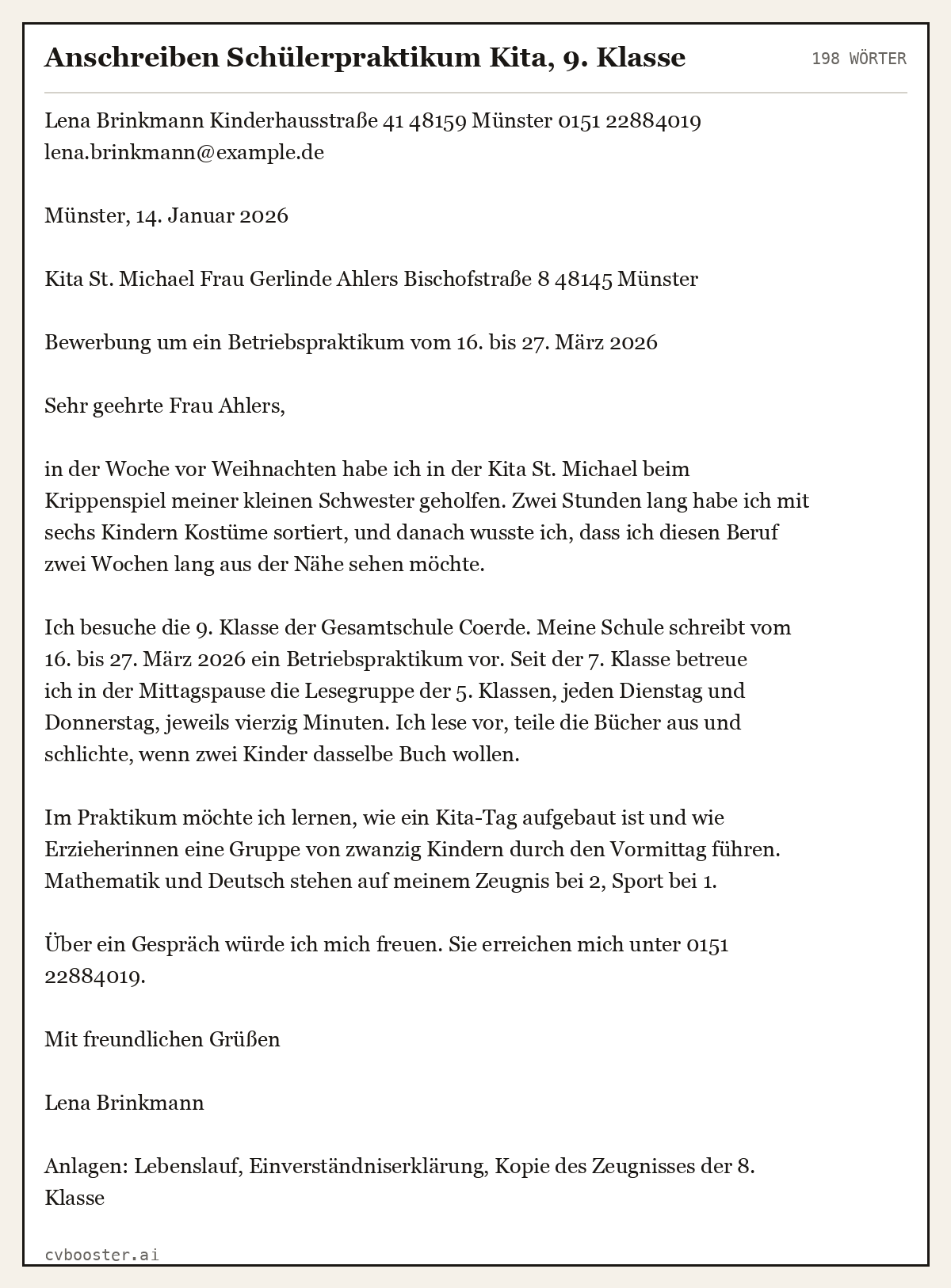 Ausgearbeitetes Beispiel: Anschreiben Schülerpraktikum Kita, 9. Klasse, 198 Wörter