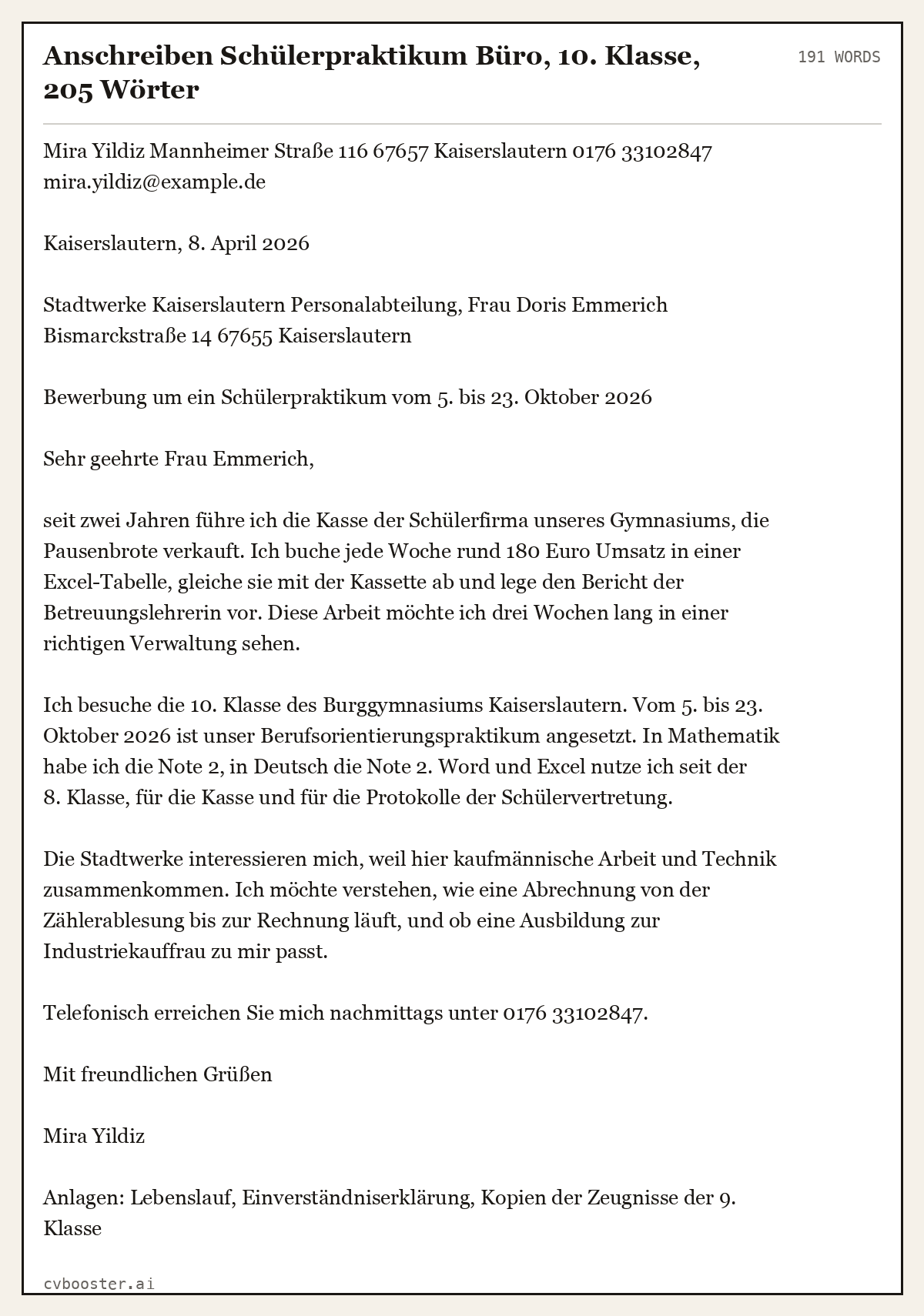 Ausgearbeitetes Beispiel: Anschreiben Schülerpraktikum Büro, 10. Klasse, 205 Wörter, 191 Wörter