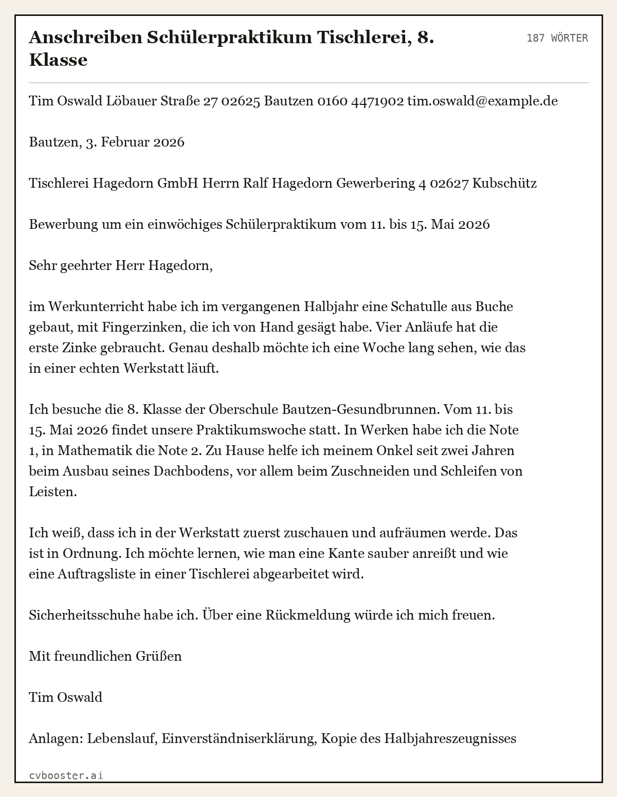 Ausgearbeitetes Beispiel: Anschreiben Schülerpraktikum Tischlerei, 8. Klasse, 187 Wörter