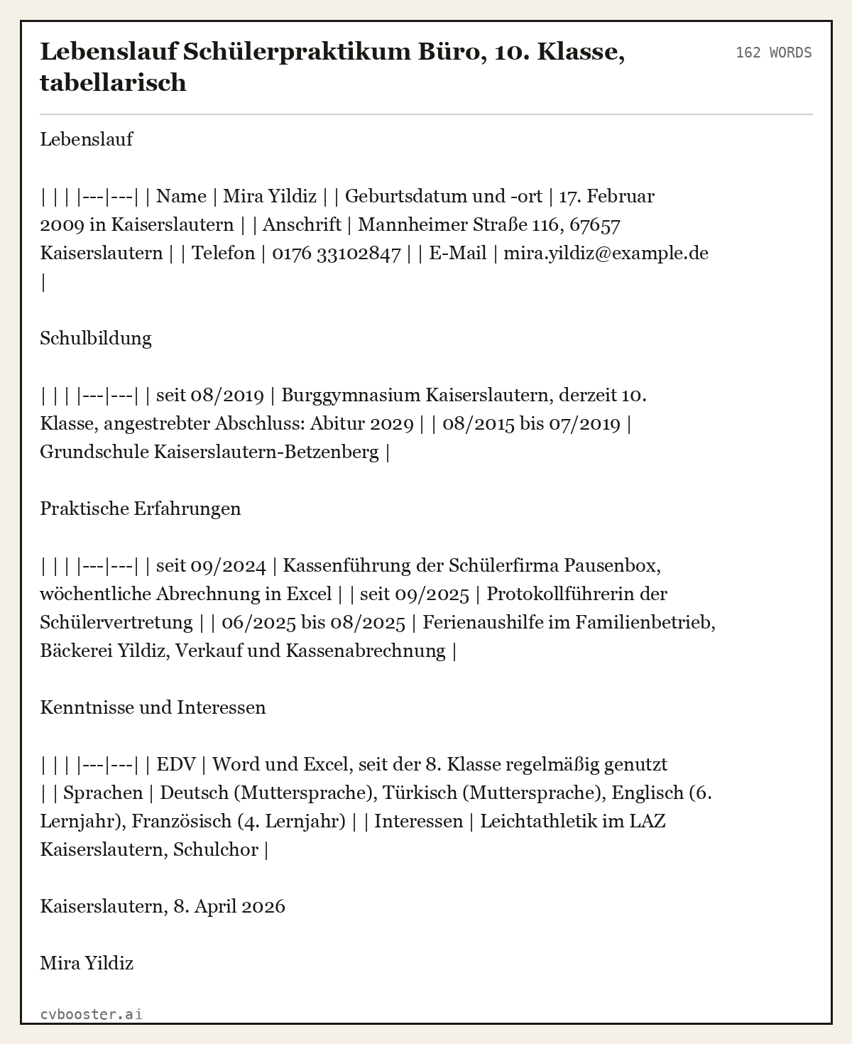 Ausgearbeitetes Beispiel: Lebenslauf Schülerpraktikum Büro, 10. Klasse, tabellarisch, 162 Wörter