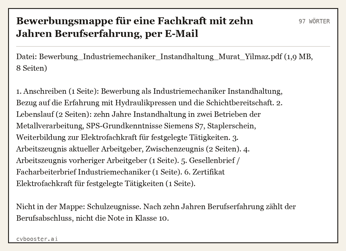 Ausgearbeitetes Beispiel: Bewerbungsmappe für eine Fachkraft mit zehn Jahren Berufserfahrung, per E-Mail, 97 Wörter