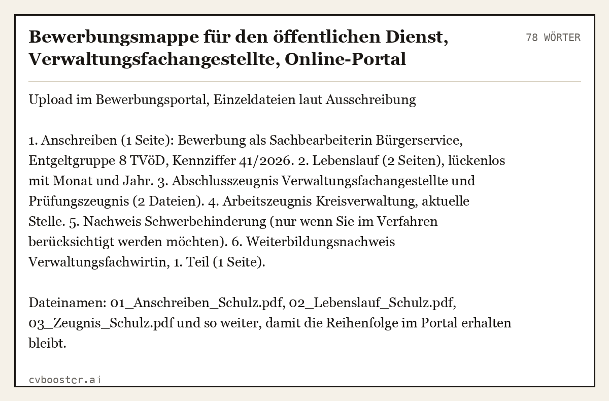 Ausgearbeitetes Beispiel: Bewerbungsmappe für den öffentlichen Dienst, Verwaltungsfachangestellte, Online-Portal, 78 Wörter