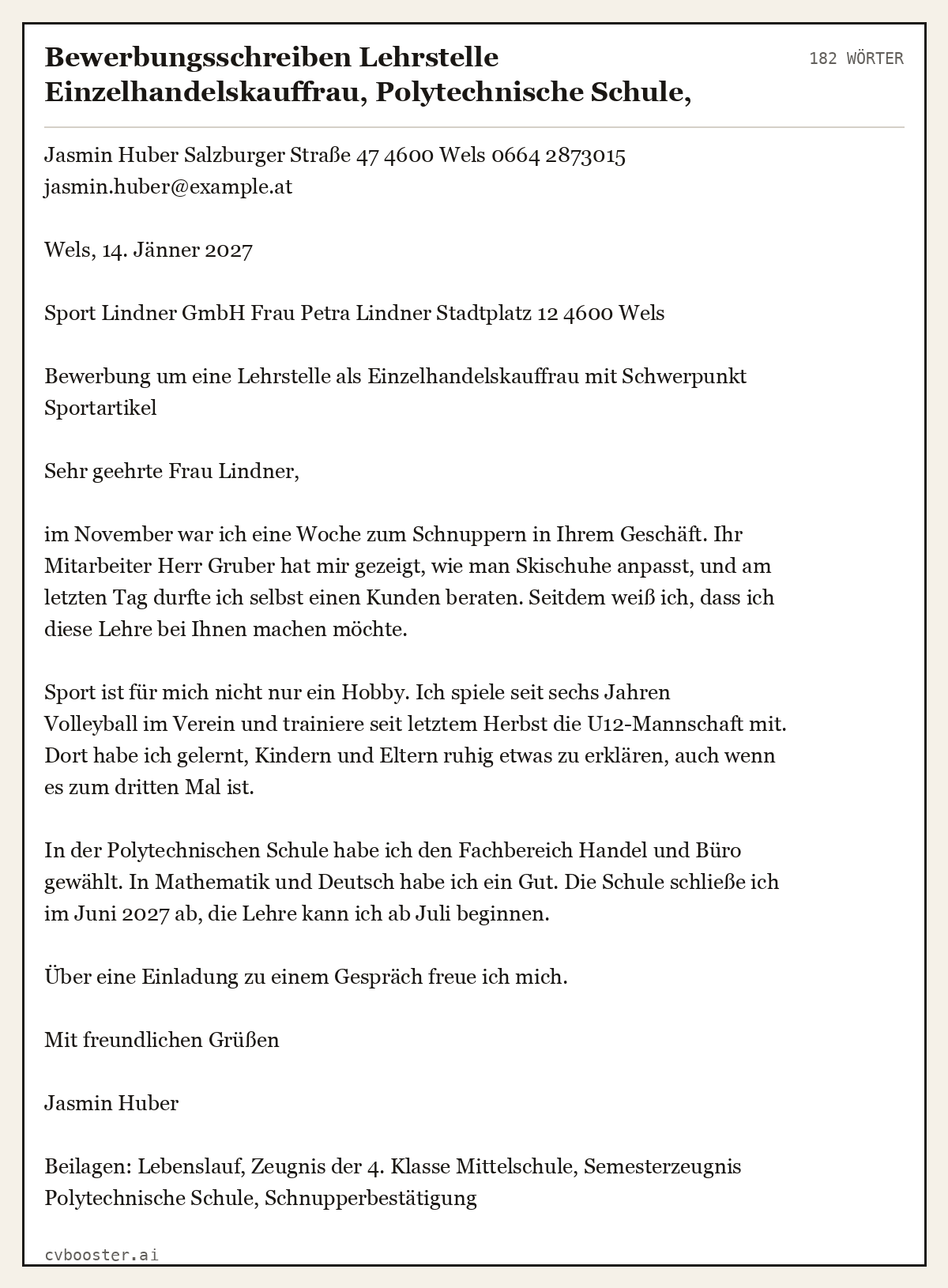 Ausgearbeitetes Beispiel: Bewerbungsschreiben Lehrstelle Einzelhandelskauffrau, Polytechnische Schule, 182 Wörter
