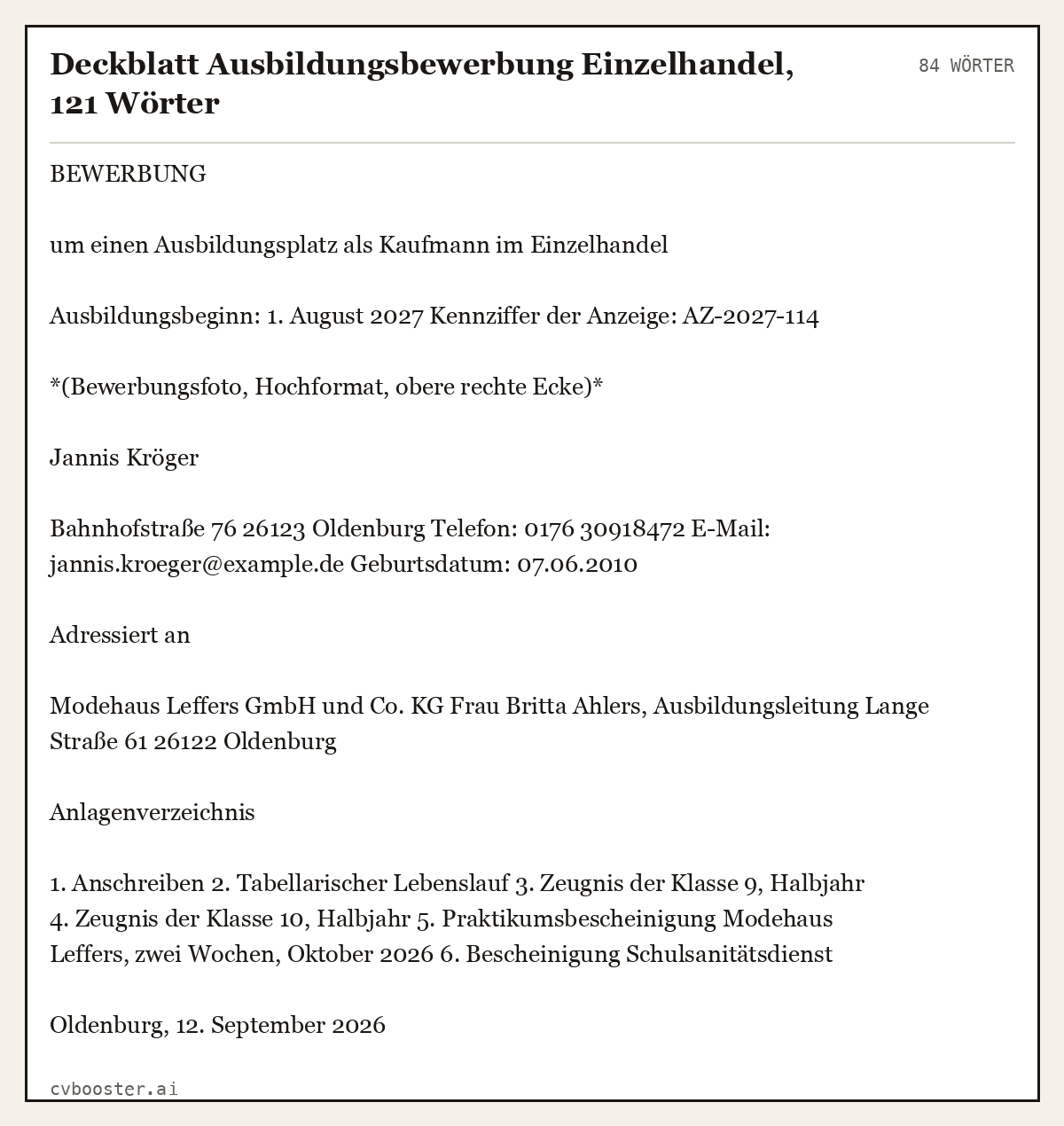 Ausgearbeitetes Beispiel: Deckblatt Ausbildungsbewerbung Einzelhandel, 121 Wörter, 84 Wörter
