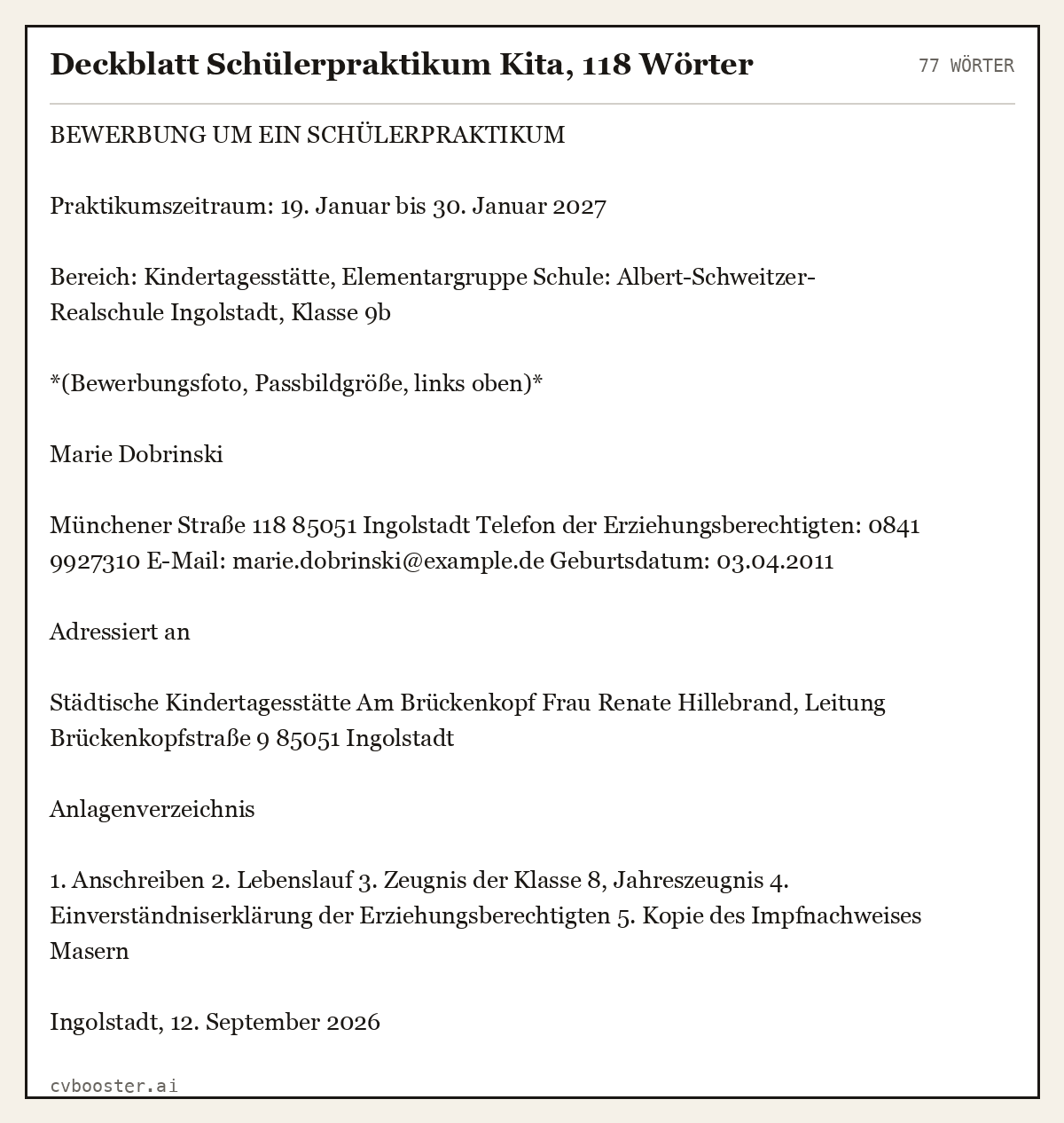 Ausgearbeitetes Beispiel: Deckblatt Schülerpraktikum Kita, 118 Wörter, 77 Wörter