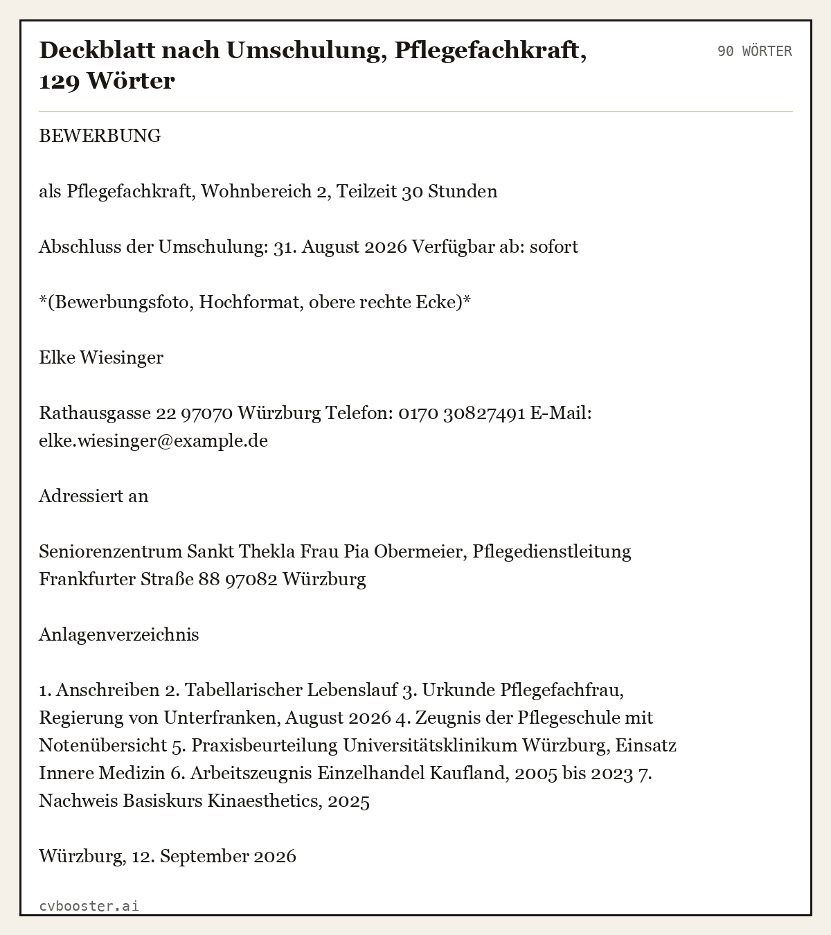 Ausgearbeitetes Beispiel: Deckblatt nach Umschulung, Pflegefachkraft, 129 Wörter, 90 Wörter
