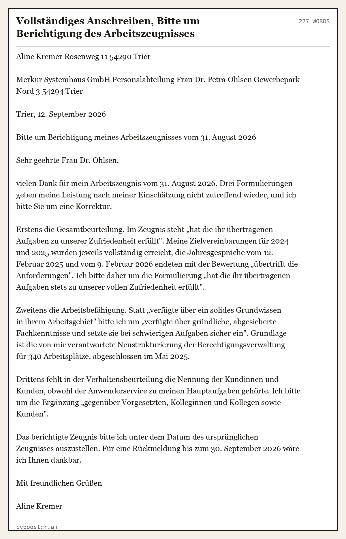 Ausgearbeitetes Beispiel: Vollständiges Anschreiben, Bitte um Berichtigung des Arbeitszeugnisses, 227 Wörter