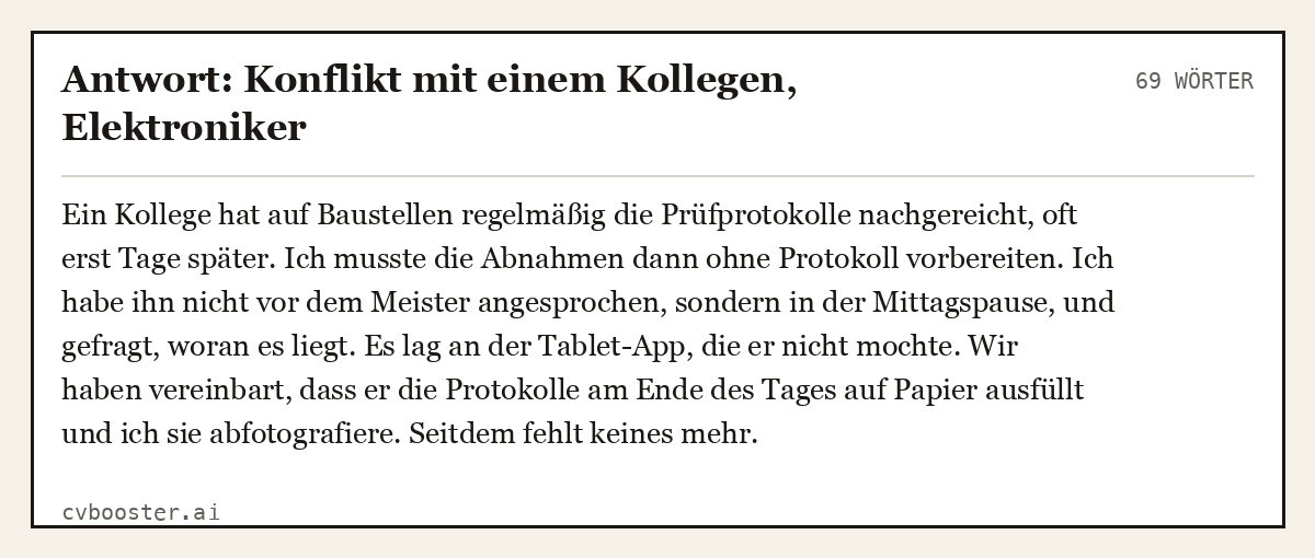 Ausgearbeitetes Beispiel: Antwort: Konflikt mit einem Kollegen, Elektroniker, 69 Wörter