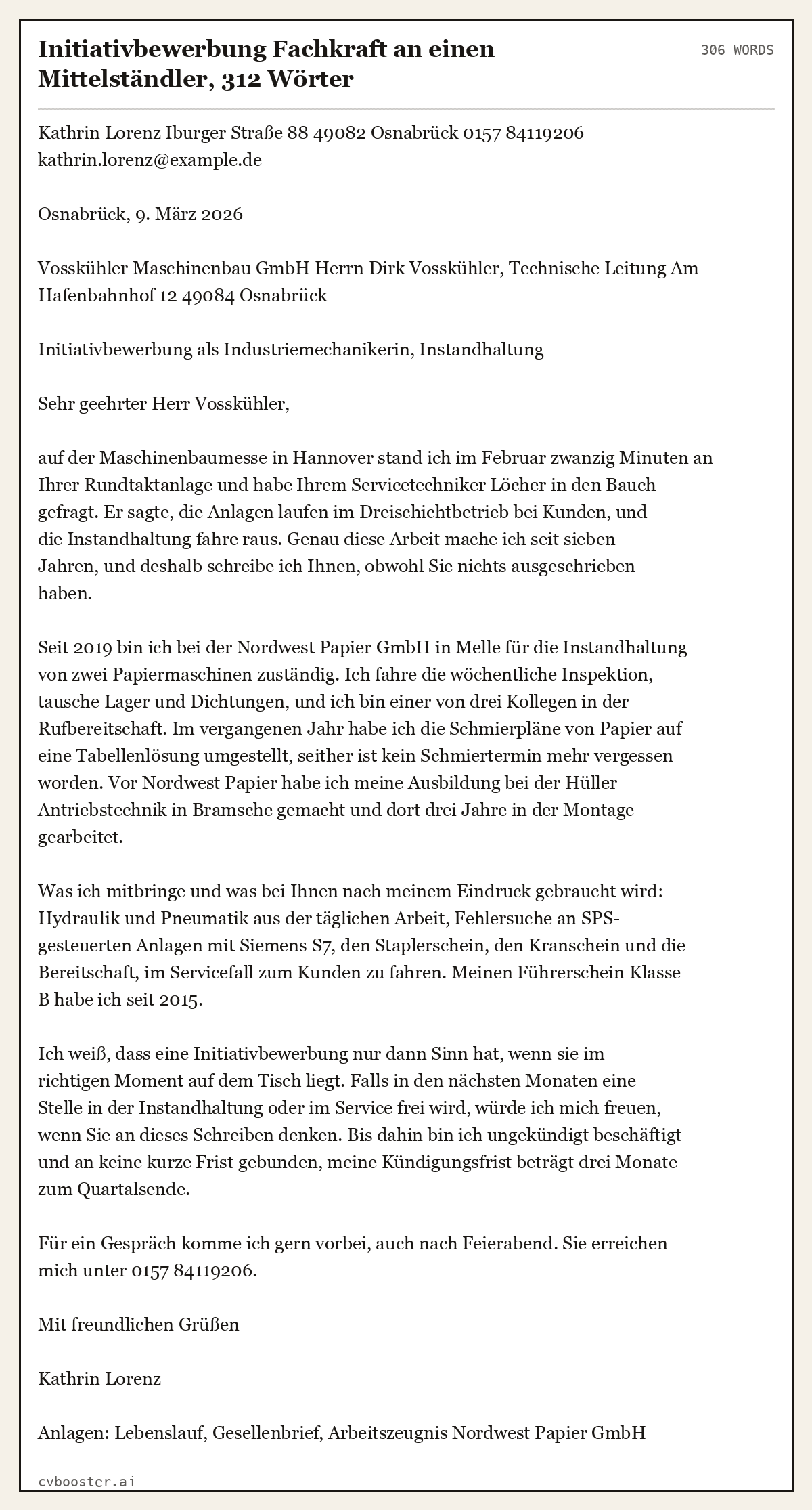 Ausgearbeitetes Beispiel: Initiativbewerbung Fachkraft an einen Mittelständler, 312 Wörter, 306 Wörter