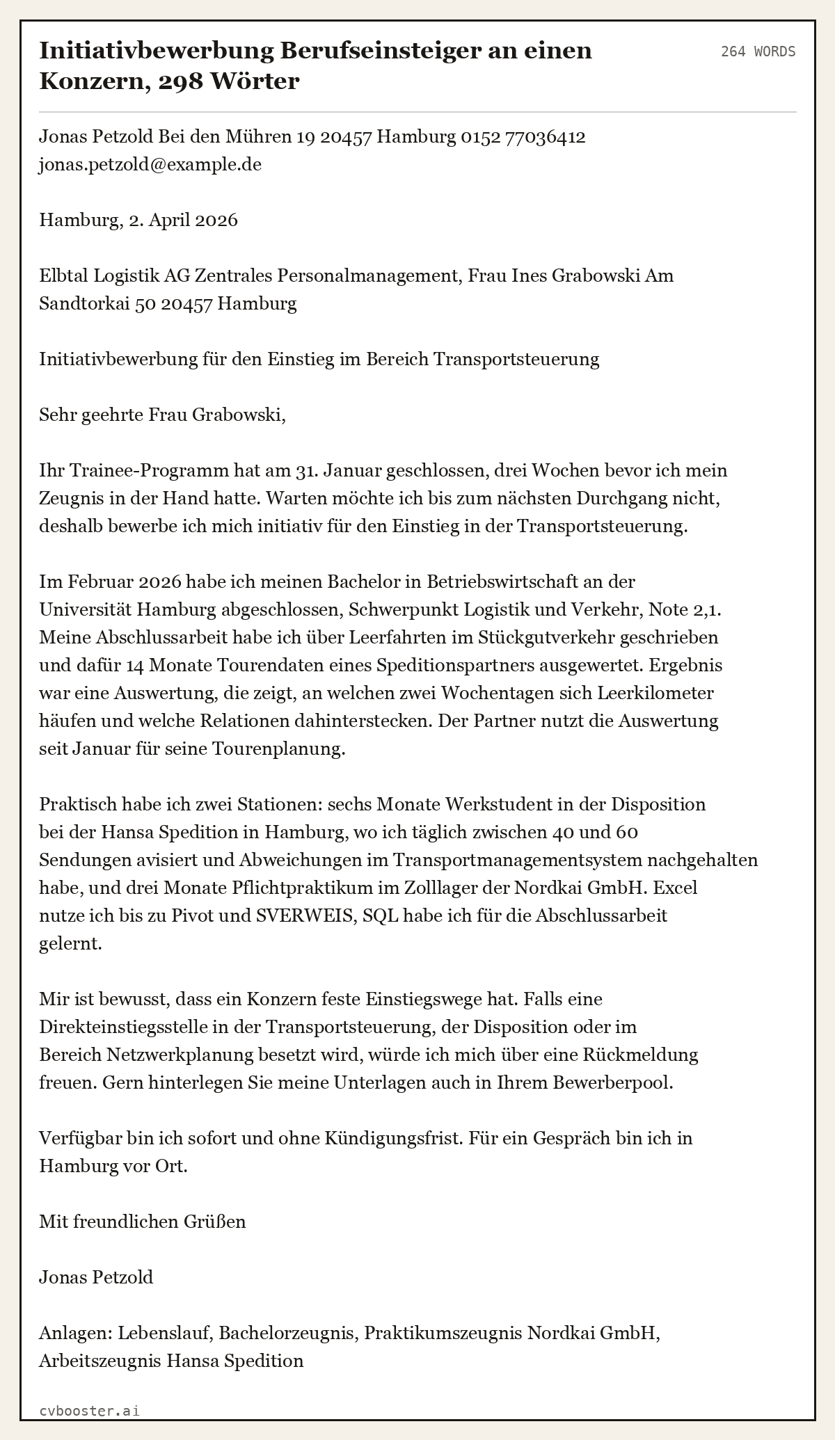 Ausgearbeitetes Beispiel: Initiativbewerbung Berufseinsteiger an einen Konzern, 298 Wörter, 264 Wörter